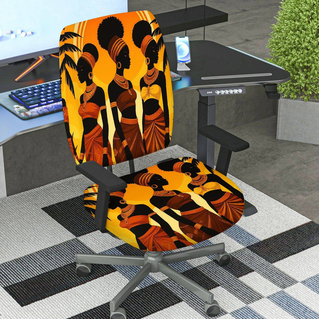 2-Piece African Tribal Art Black Women Orange Pattern  Computer Chair Cover Set, Seat and Backrest