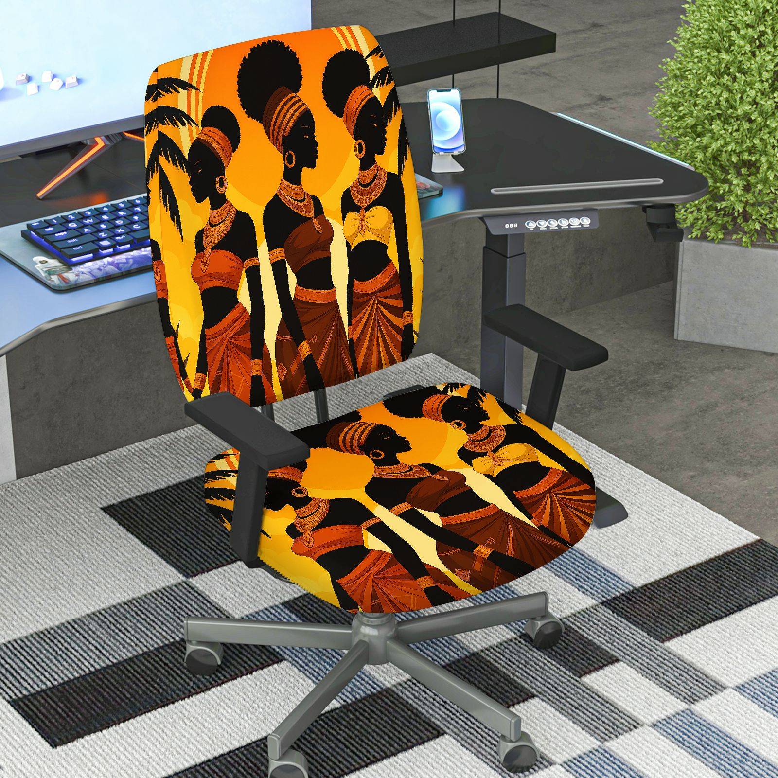 2-Piece African Tribal Art Black Women Orange Pattern  Computer Chair Cover Set, Seat and Backrest