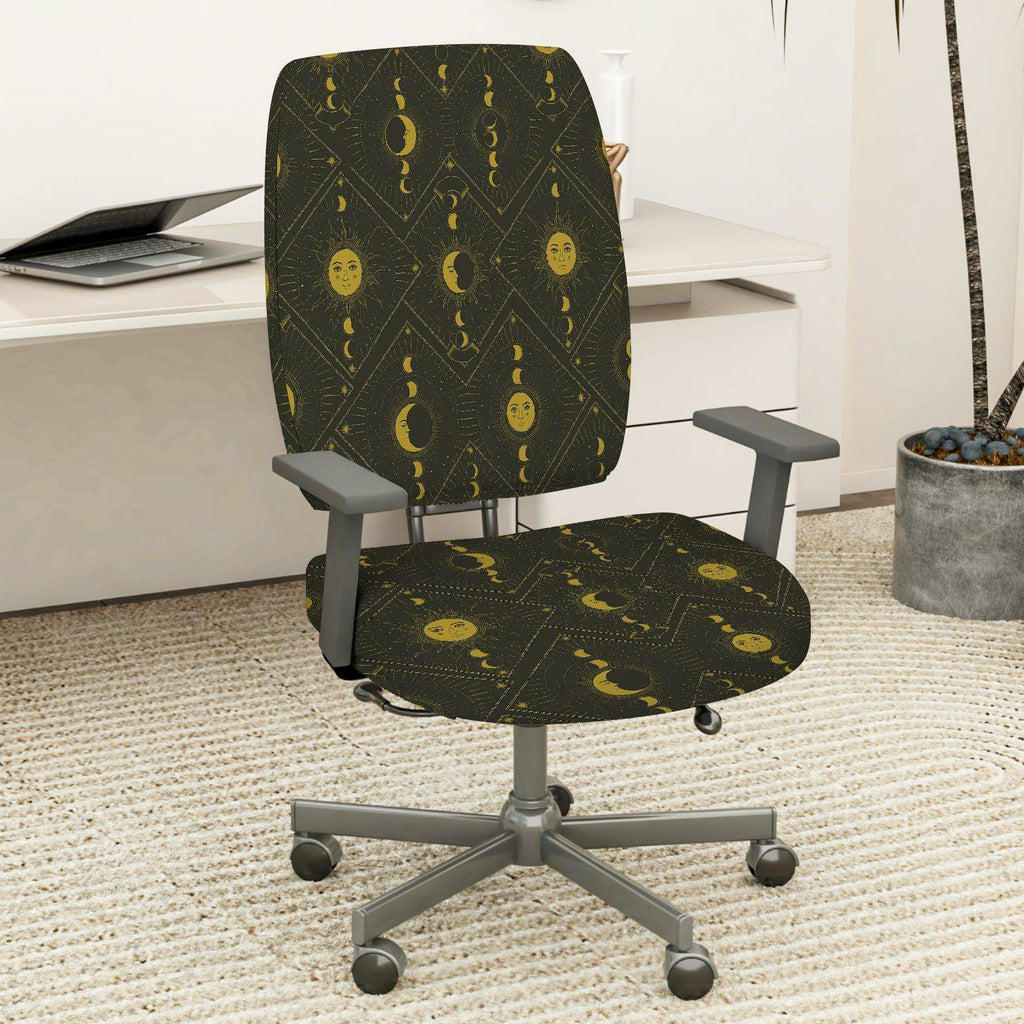 2-Piece Moon Phase Geometric Pattern Yellow Black  Computer Chair Cover Set, Seat and Backrest