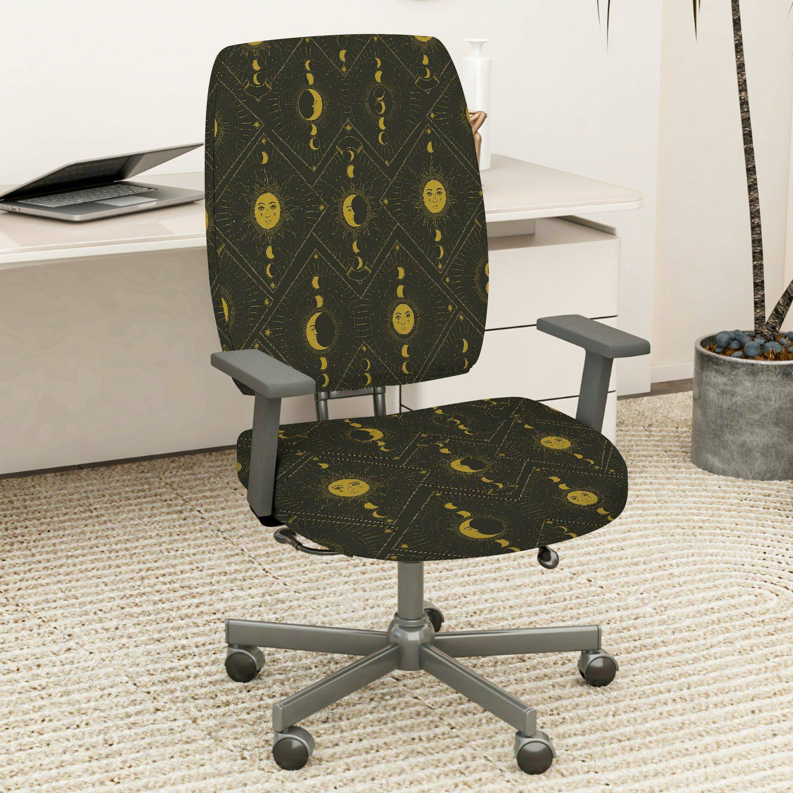 2-Piece Moon Phase Geometric Pattern Yellow Black  Computer Chair Cover Set, Seat and Backrest