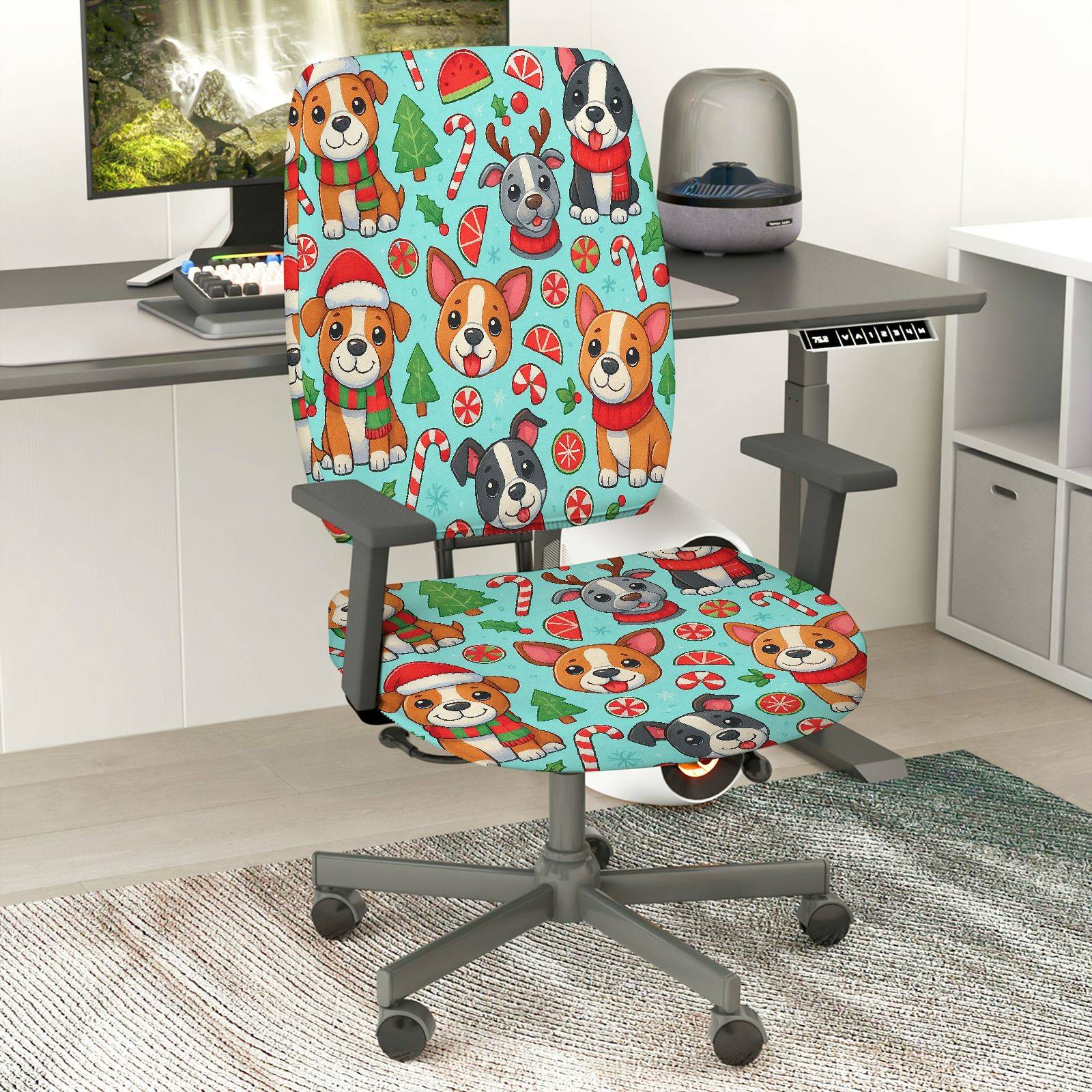 2-Piece Christmas Dog Candy Snowflake Tree  Computer Chair Cover Set, Seat and Backrest