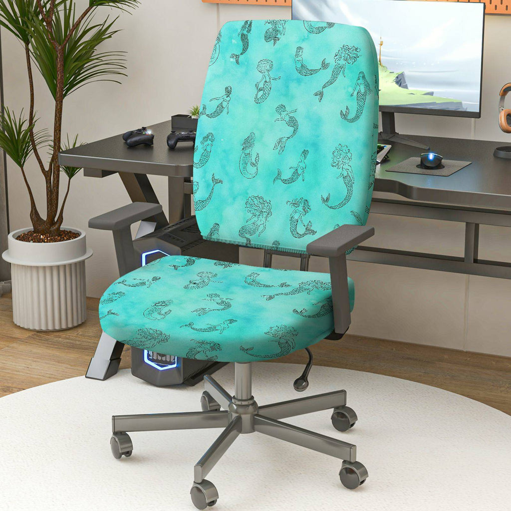 2-Piece Aquatic Mermaid Turquoise Decorative  Computer Chair Cover Set, Seat and Backrest