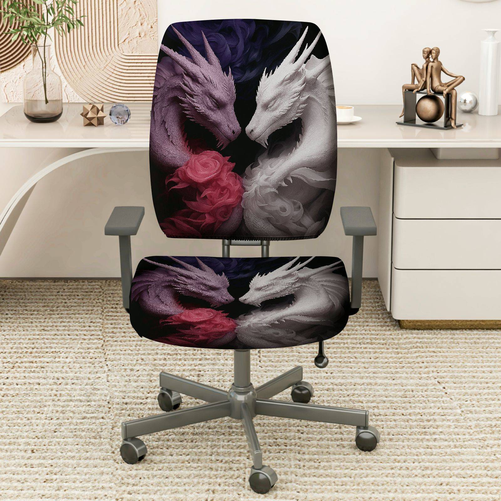 2-Piece Black White Red Dragon Floral Fantasy Art  Computer Chair Cover Set, Seat and Backrest