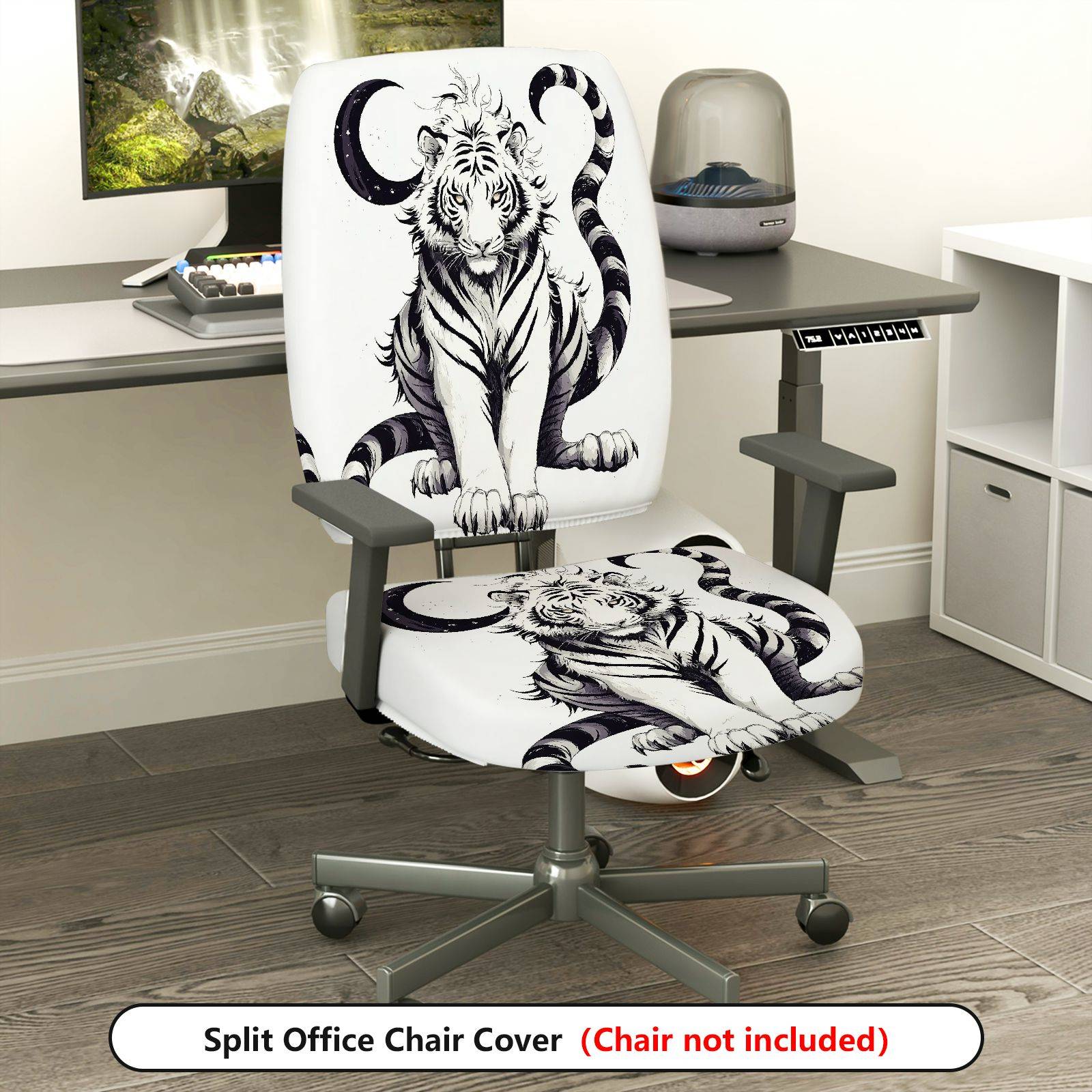 2-Piece Tiger Stripes Black White Moon Artistic  Computer Chair Cover Set, Seat and Backrest