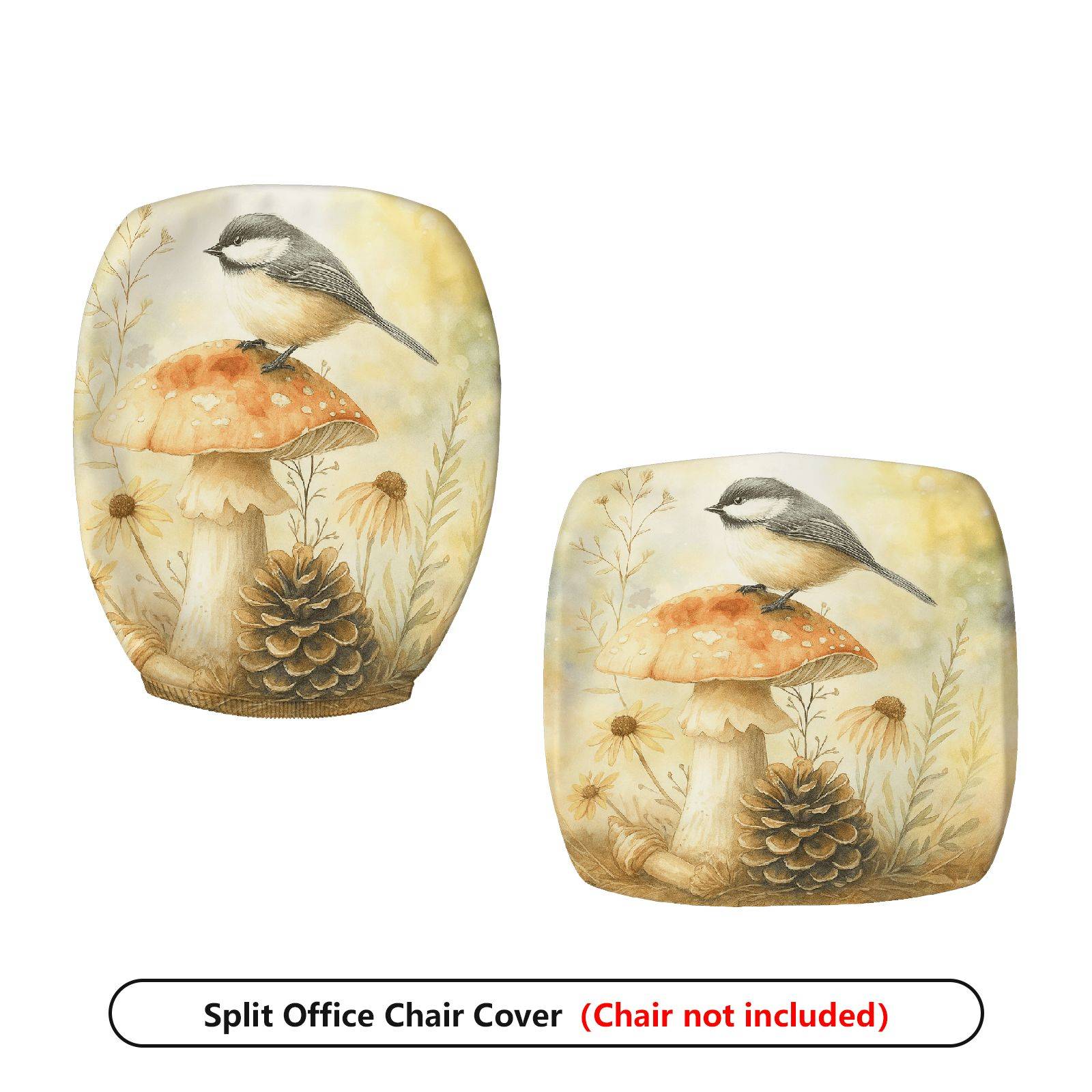 2-Piece Autumn Nature Bird Mushroom Pinecone Botanical  Computer Chair Cover Set, Seat and Backrest