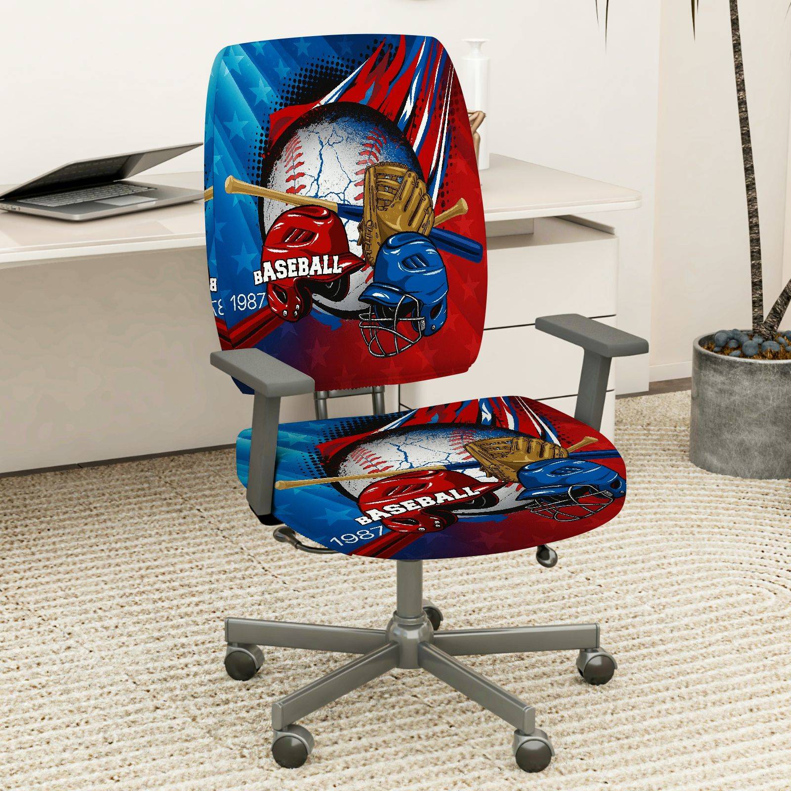 2-Piece Baseball Sports Game Graphic Patriotic Stars  Computer Chair Cover Set, Seat and Backrest