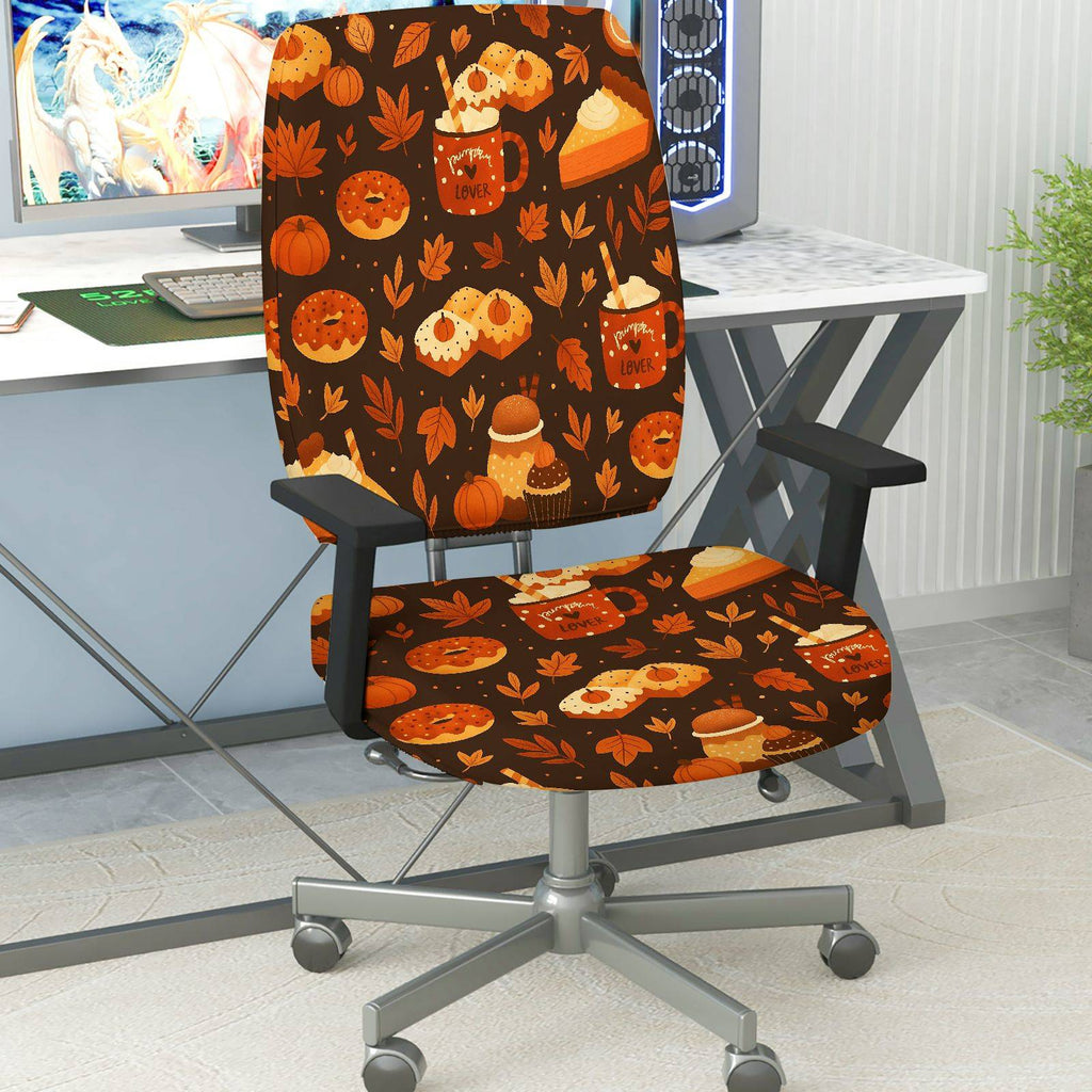 2-Piece Autumn Pumpkin Thanksgiving Dessert Coffee  Computer Chair Cover Set, Seat and Backrest