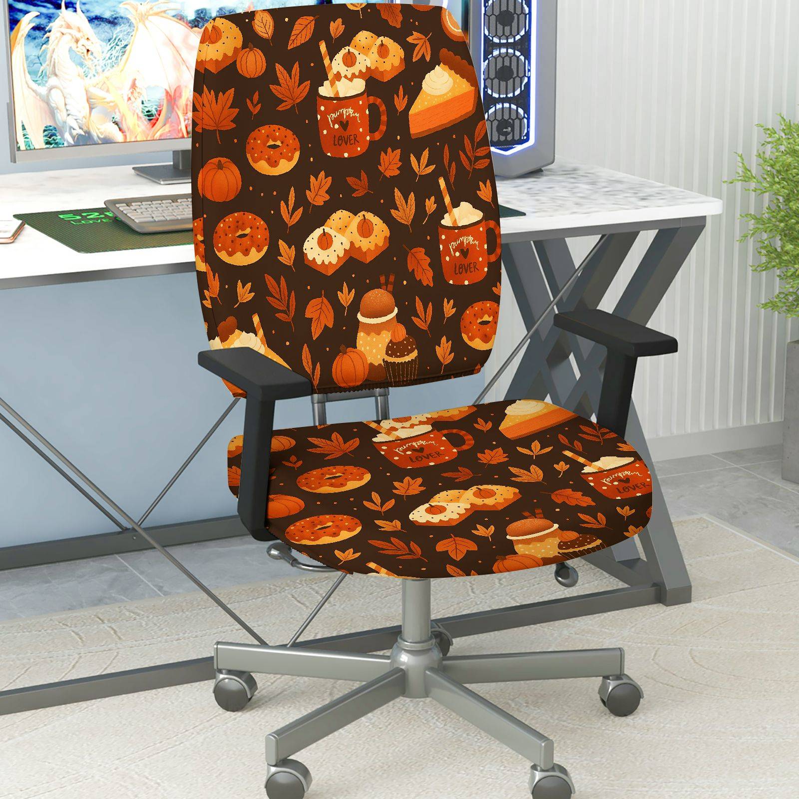 2-Piece Autumn Pumpkin Thanksgiving Dessert Coffee  Computer Chair Cover Set, Seat and Backrest