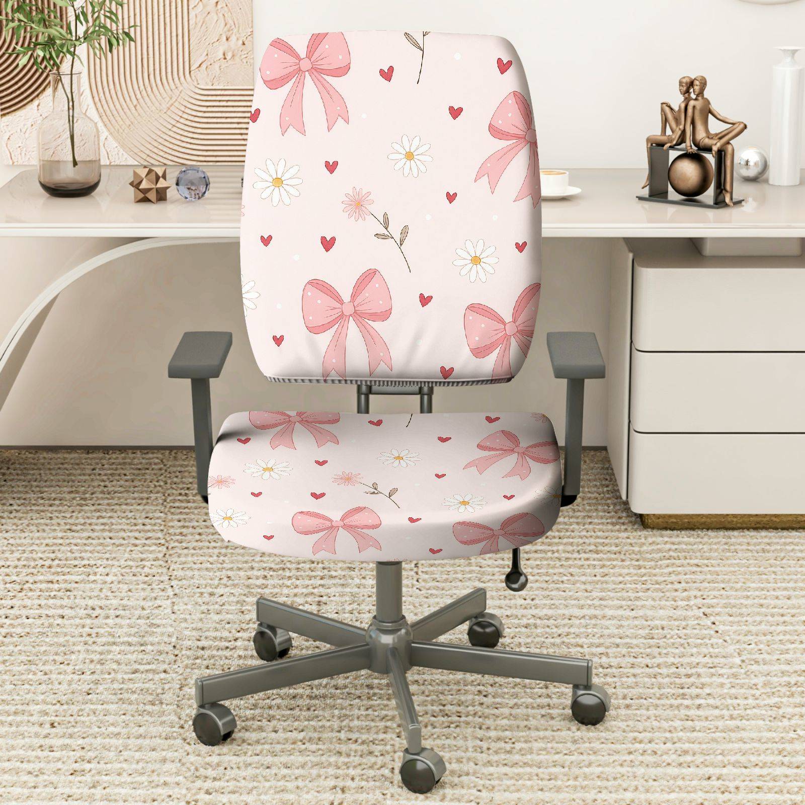 2-Piece Pink Bow Floral Heart Romantic Cute  Computer Chair Cover Set, Seat and Backrest