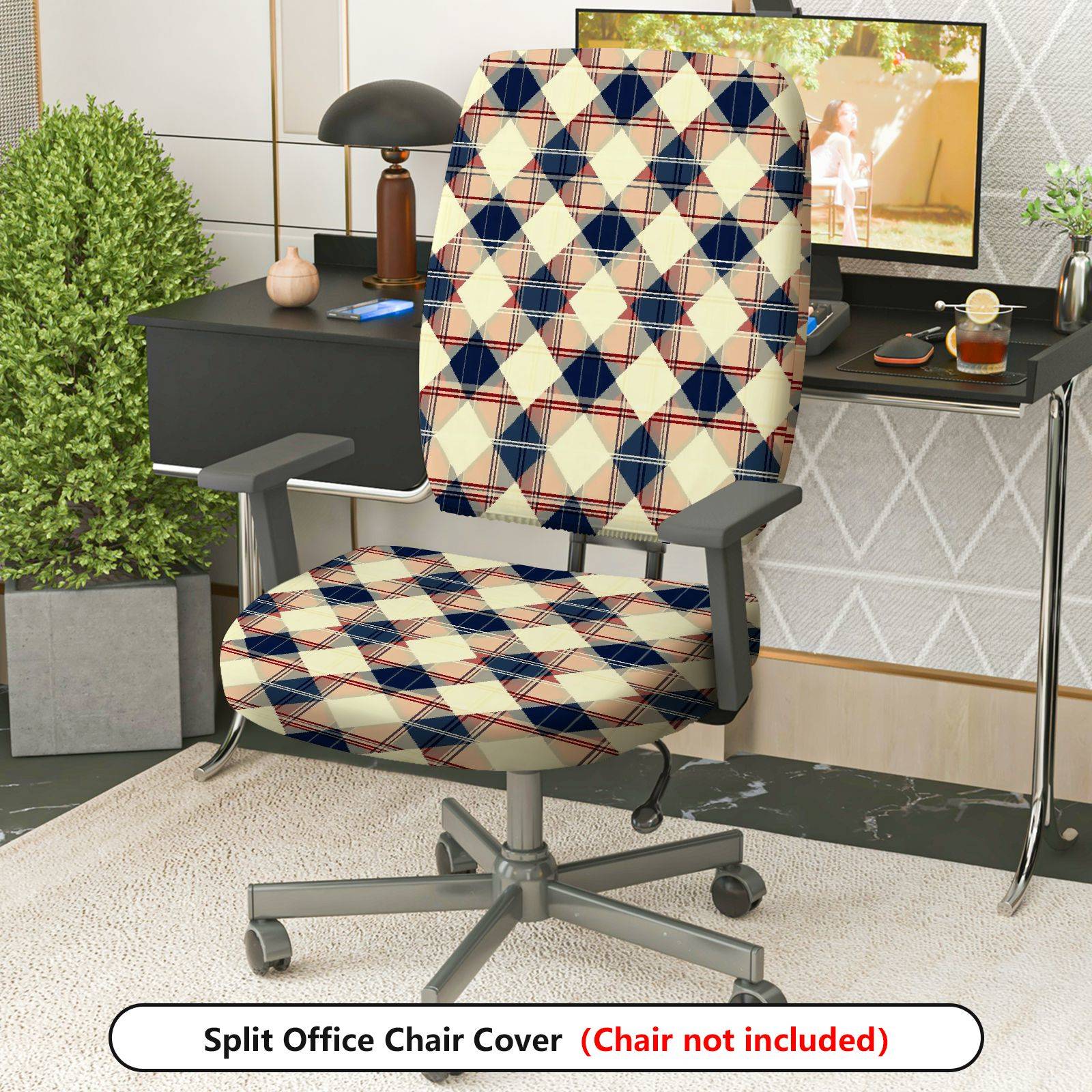 2-Piece Blue Red Plaid Geometric Check  Computer Chair Cover Set, Seat and Backrest