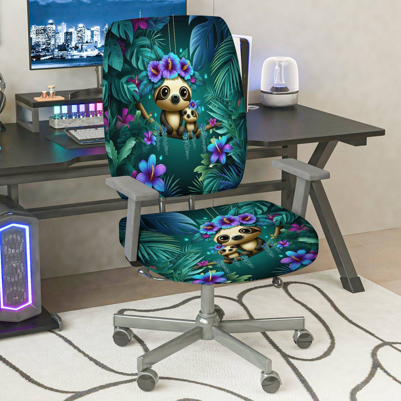 2-Piece Cute Panda Tropical Floral Jungle Animal  Computer Chair Cover Set, Seat and Backrest