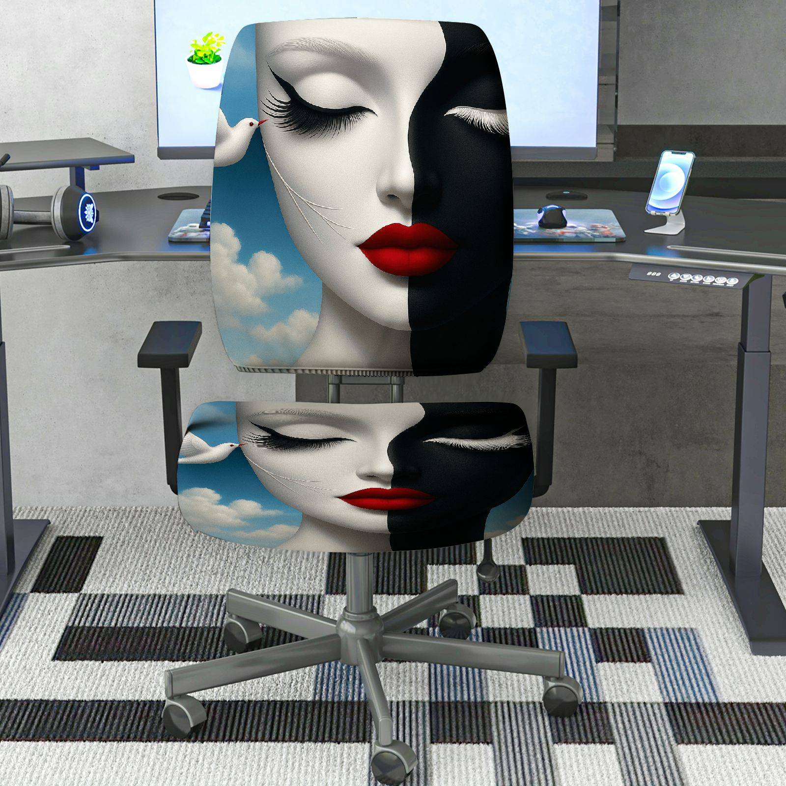 2-Piece Artistic Abstract Cloud Face Modern Lip  Computer Chair Cover Set, Seat and Backrest