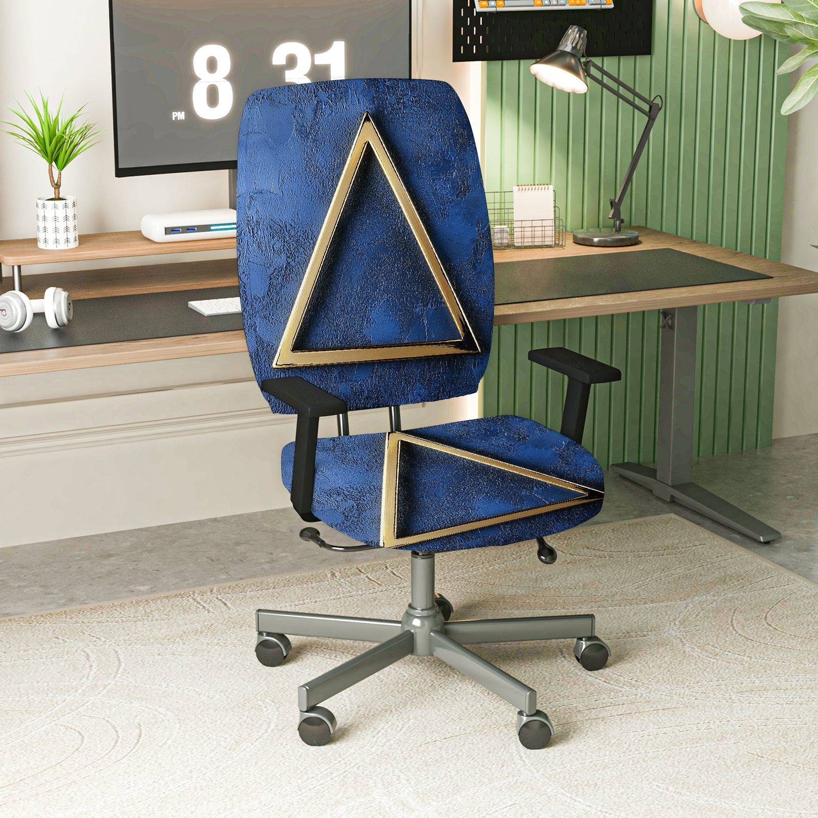 2-Piece Geometric Design Modern Blue Gold Triangle  Computer Chair Cover Set, Seat and Backrest