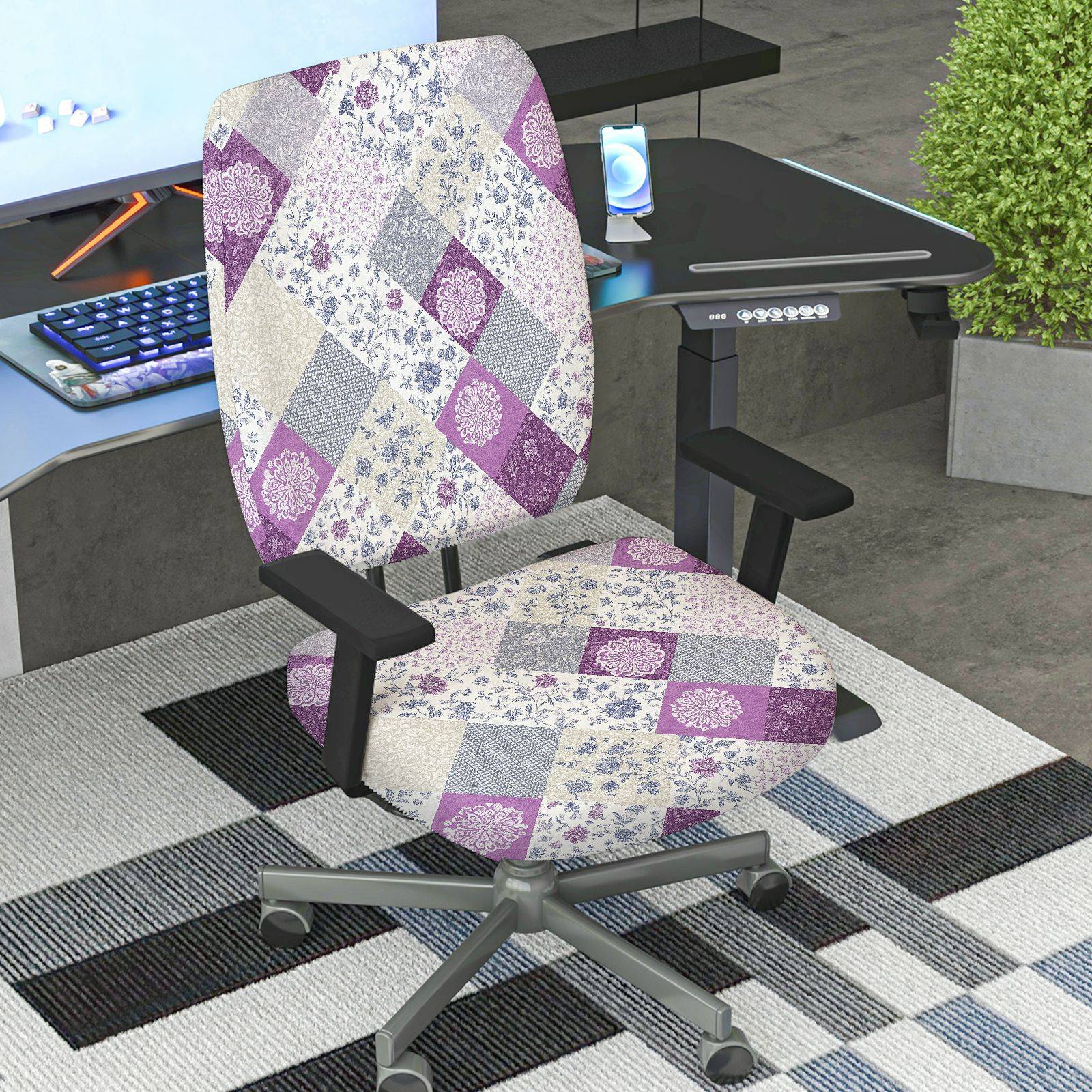 2-Piece Abstract Floral Plaid Purple Quilted  Computer Chair Cover Set, Seat and Backrest