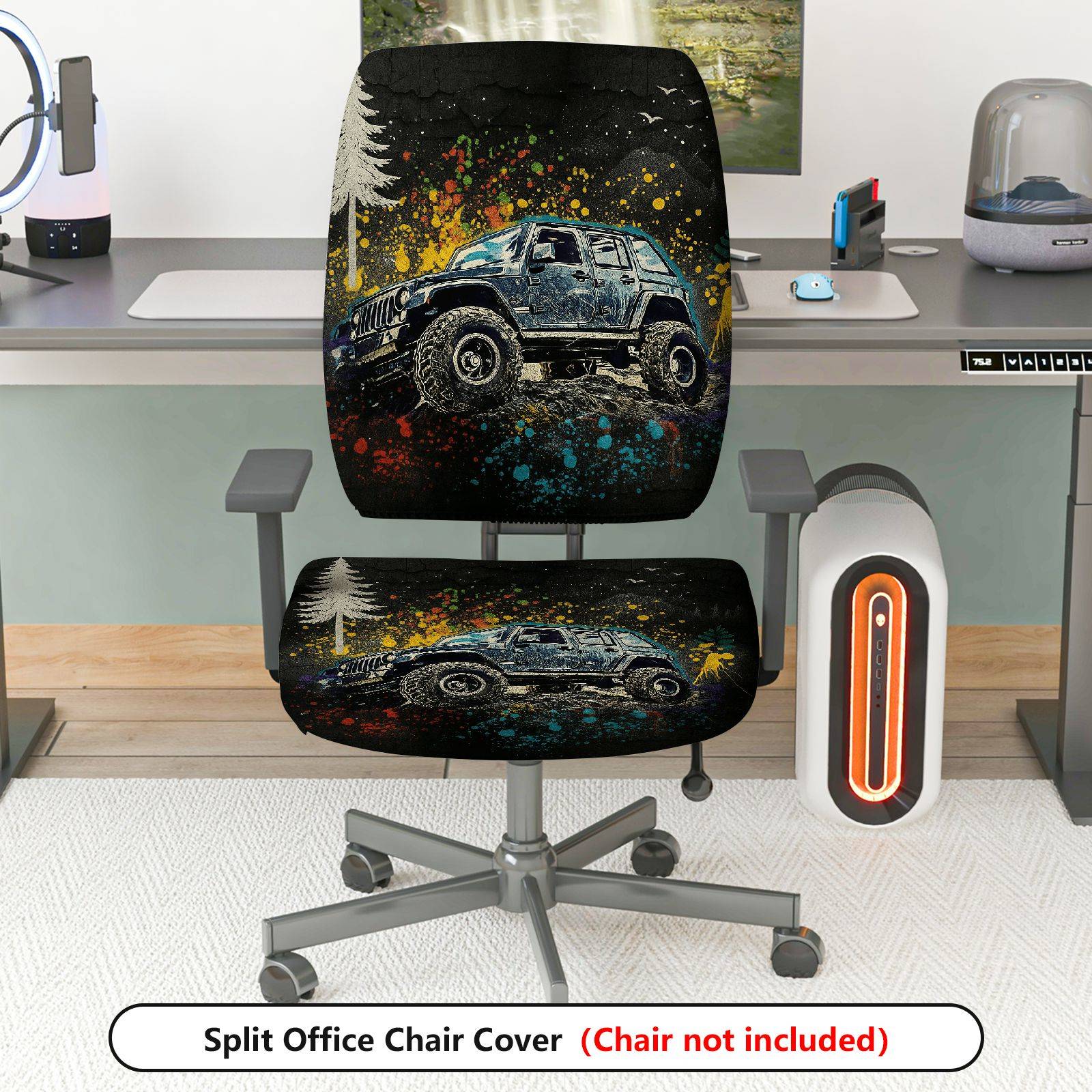 2-Piece Adventure Off-road Vehicle Mountain Forest Graffiti  Computer Chair Cover Set, Seat and Backrest