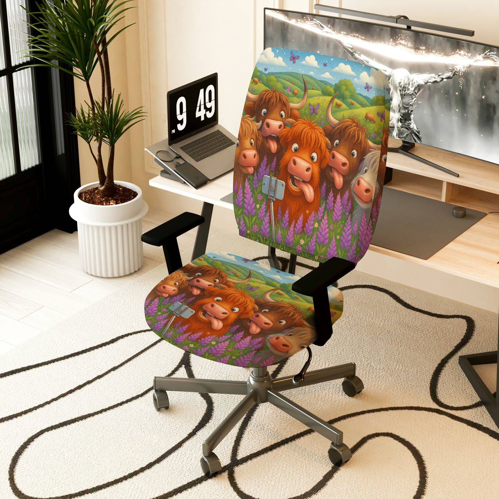 2-Piece Animal Pastoral Highland Cow Farm Nature  Computer Chair Cover Set, Seat and Backrest