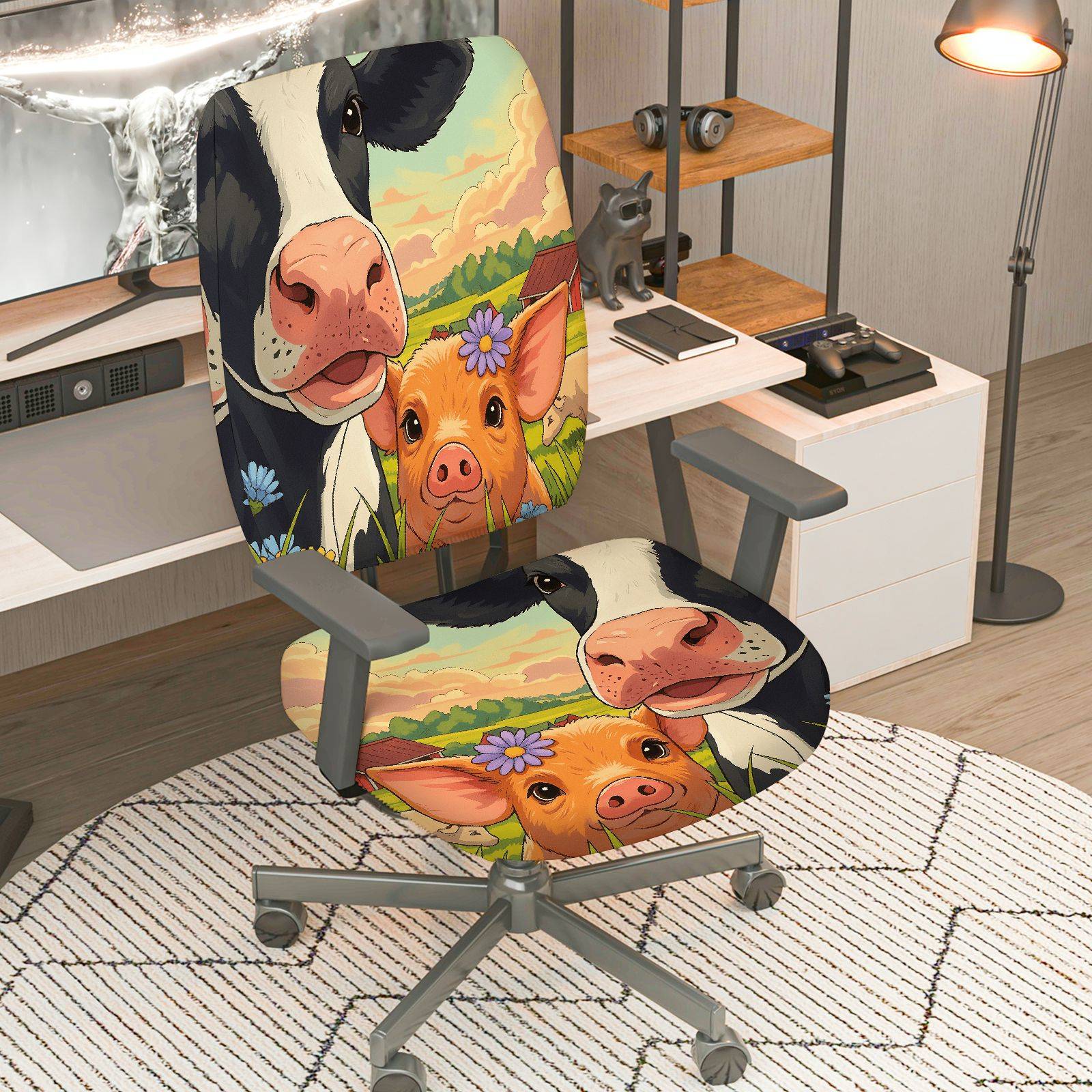 2-Piece Farm Animal Cow Pig Floral Scenic  Computer Chair Cover Set, Seat and Backrest