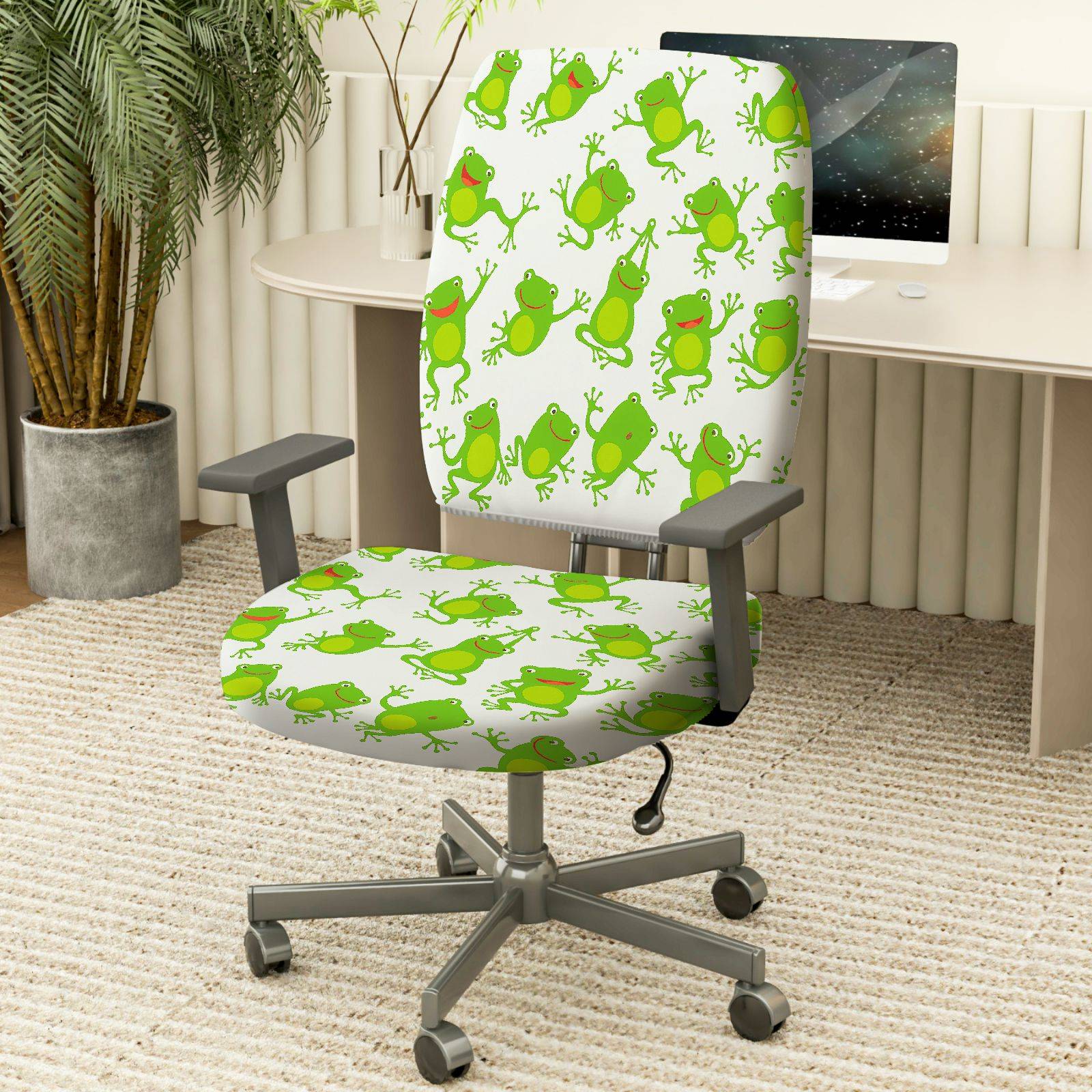 2-Piece Frog Green Animal Funny  Computer Chair Cover Set, Seat and Backrest