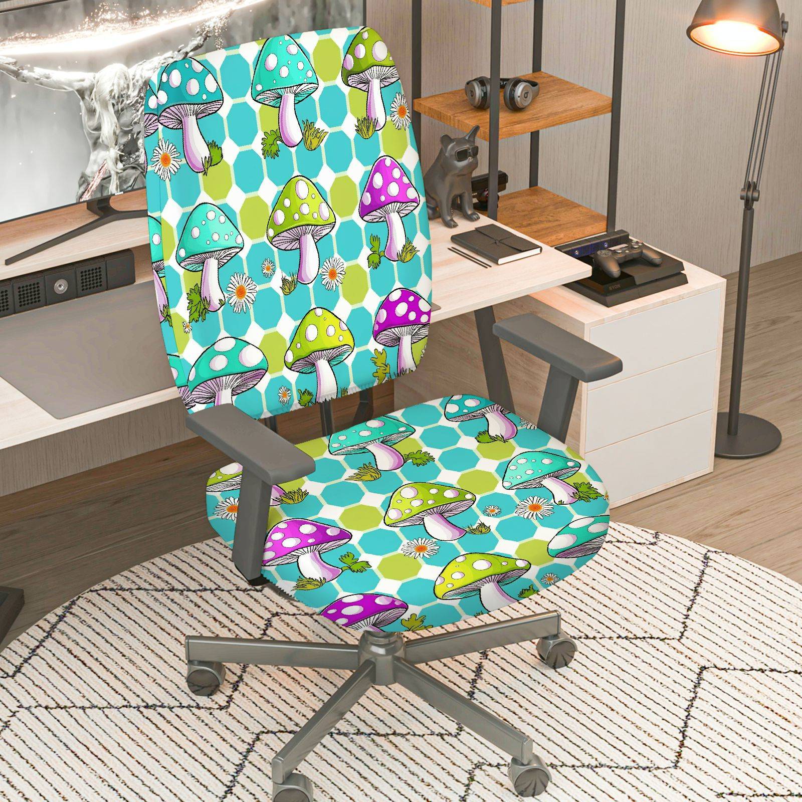 2-Piece Colorful Geometric Mushroom Floral Modern Abstract  Computer Chair Cover Set, Seat and Backrest