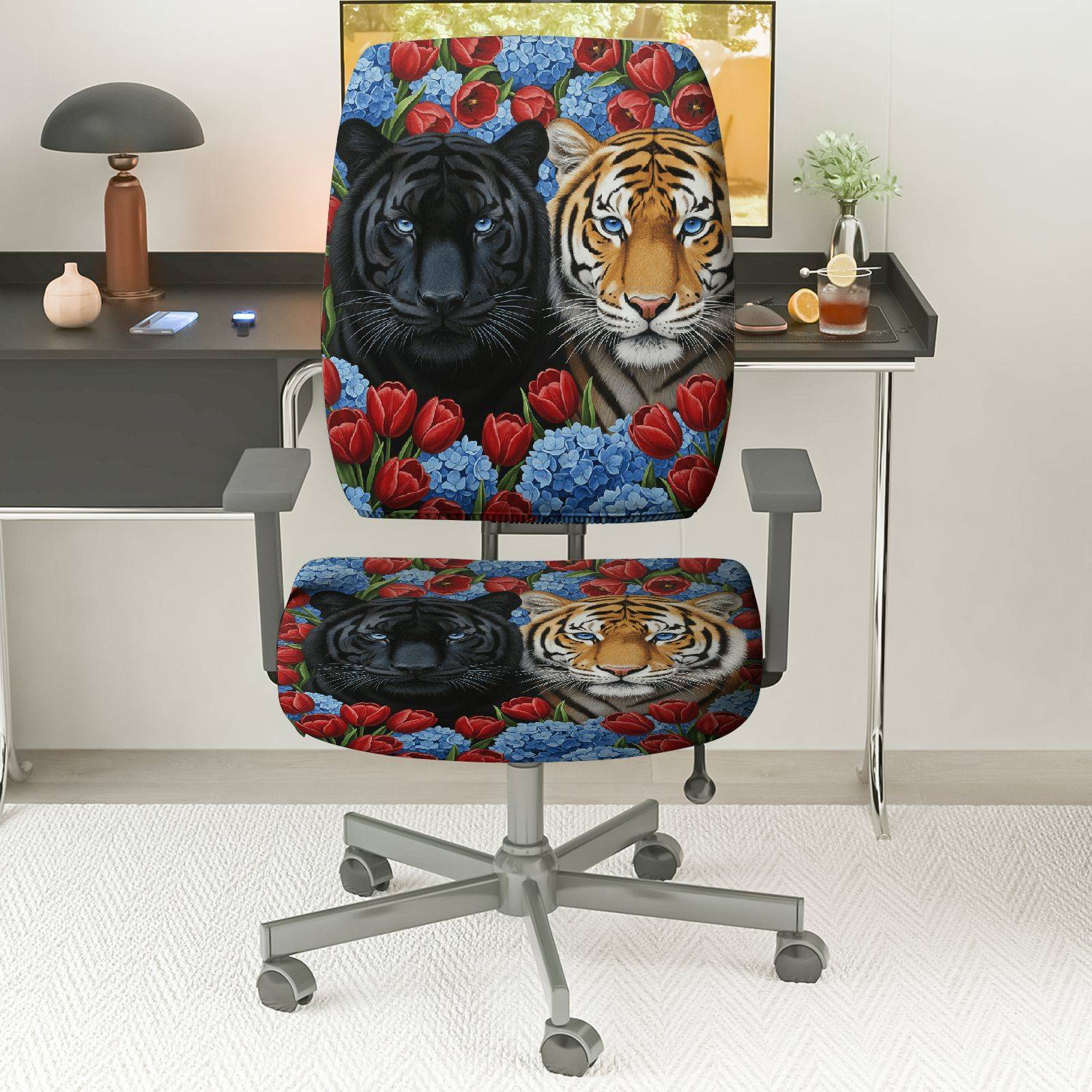 2-Piece Tiger Panther Floral Colorful Animal Pattern  Computer Chair Cover Set, Seat and Backrest