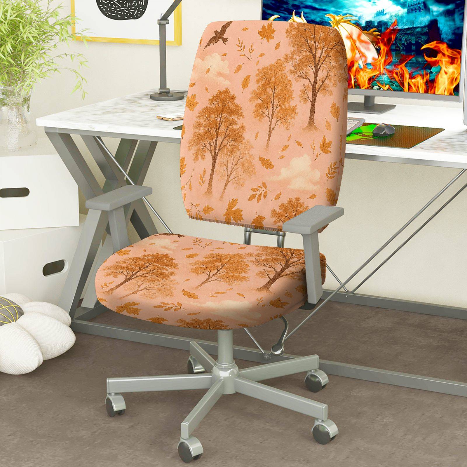 2-Piece Autumn Nature Forest Tree Leaves  Computer Chair Cover Set, Seat and Backrest