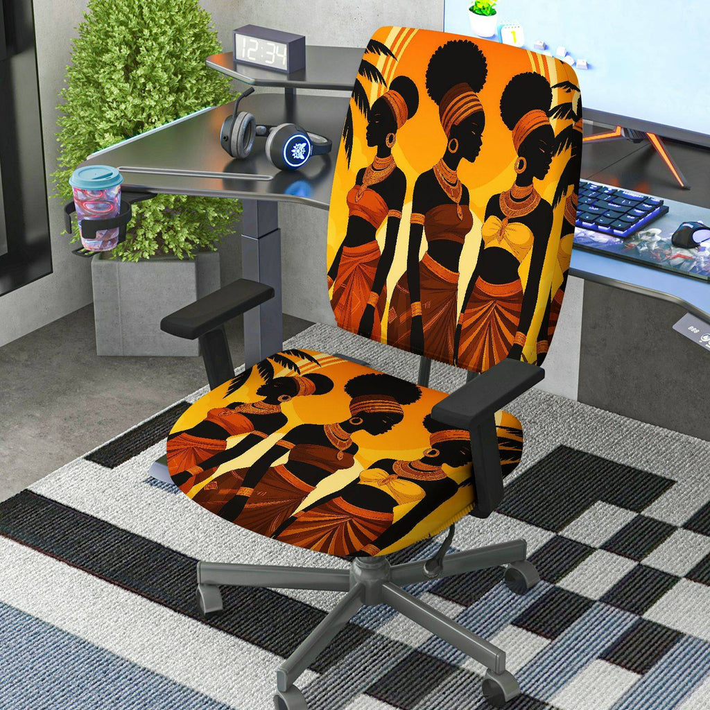 2-Piece African Tribal Art Black Women Orange Pattern  Computer Chair Cover Set, Seat and Backrest