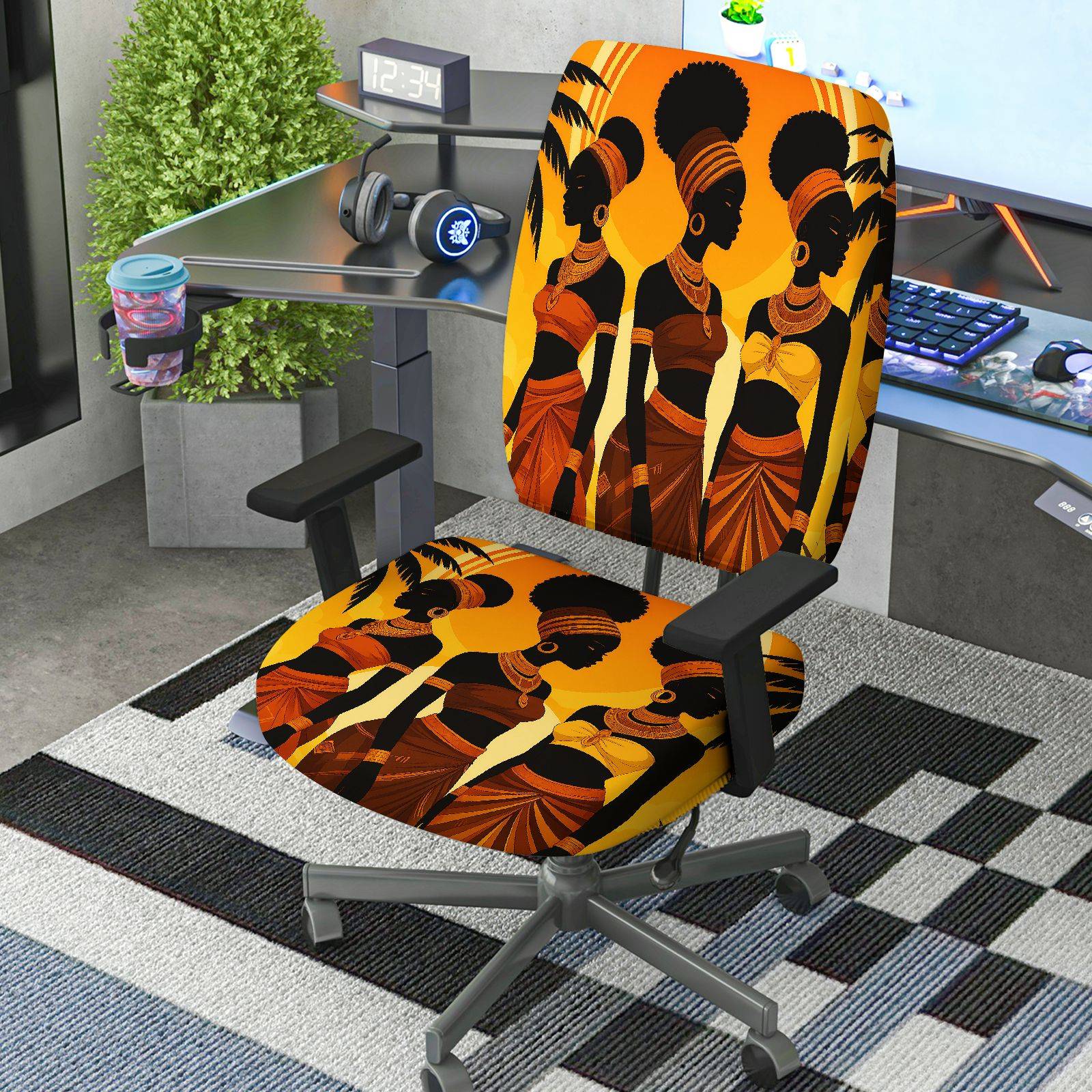 2-Piece African Tribal Art Black Women Orange Pattern  Computer Chair Cover Set, Seat and Backrest