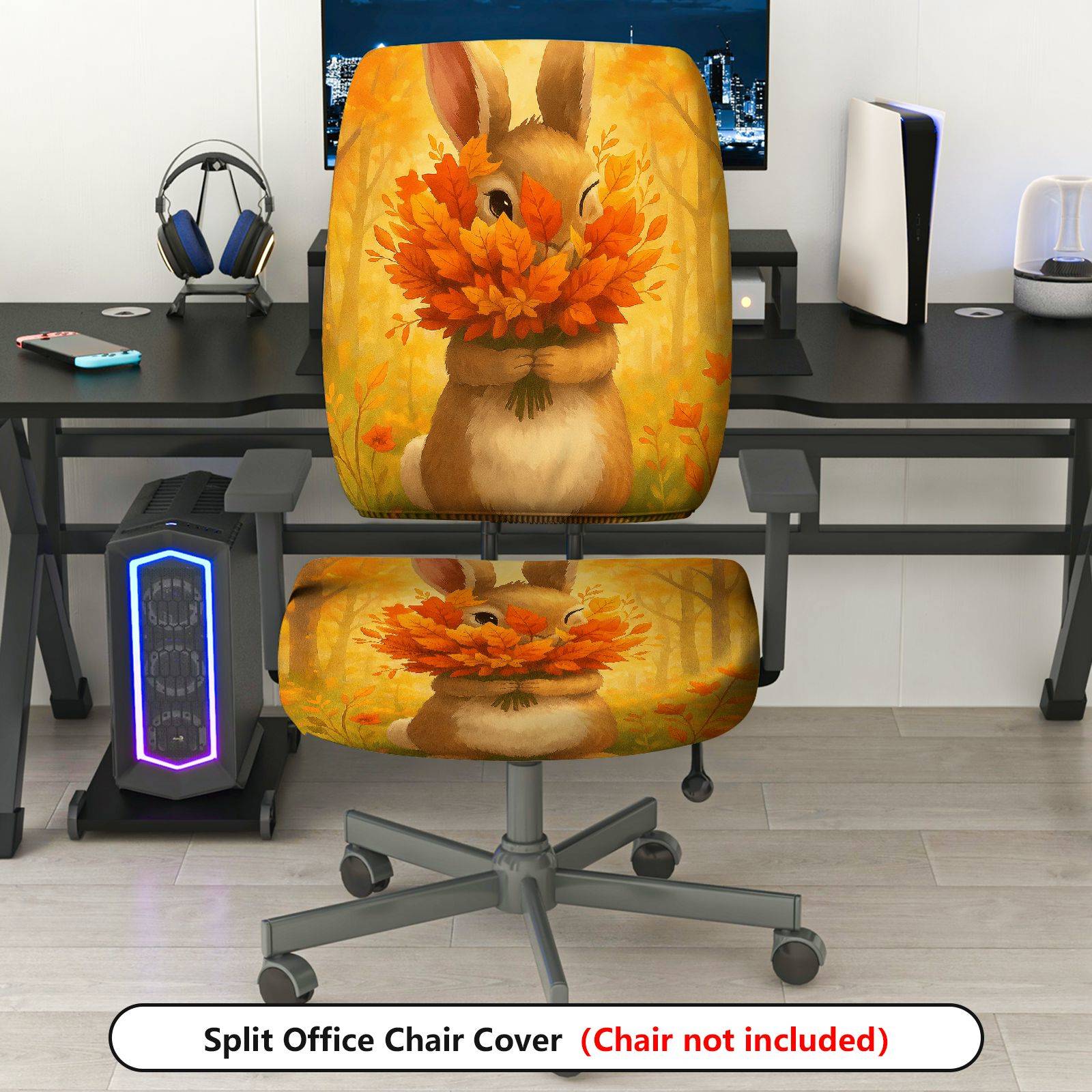 2-Piece Autumn Rabbit Leaves Forest Festival  Computer Chair Cover Set, Seat and Backrest