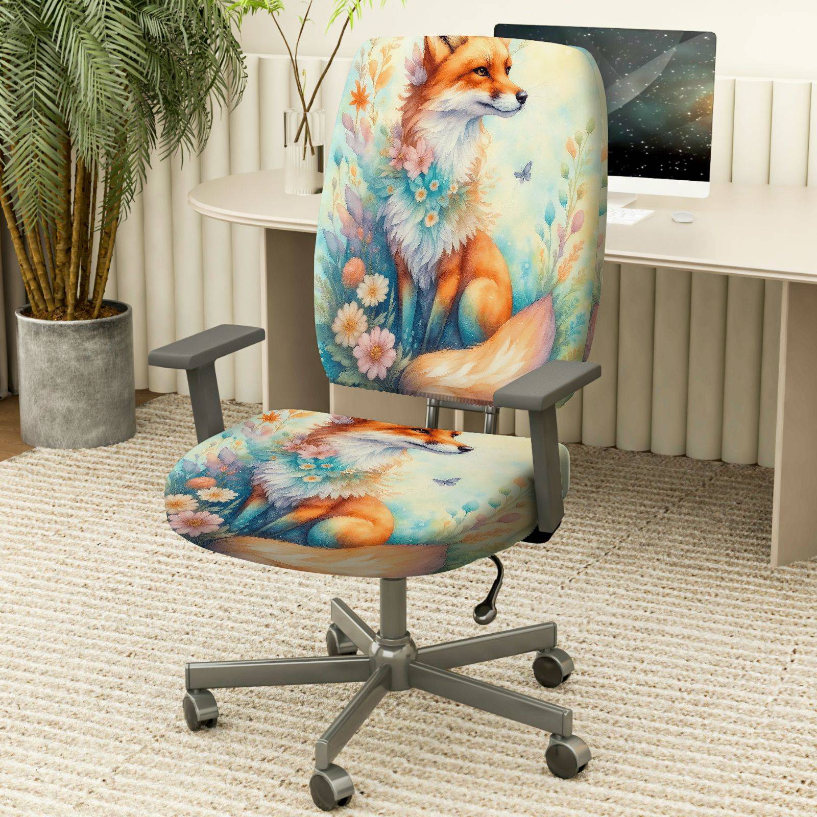 2-Piece Fox Floral Nature Artistic Decorative Animal  Computer Chair Cover Set, Seat and Backrest