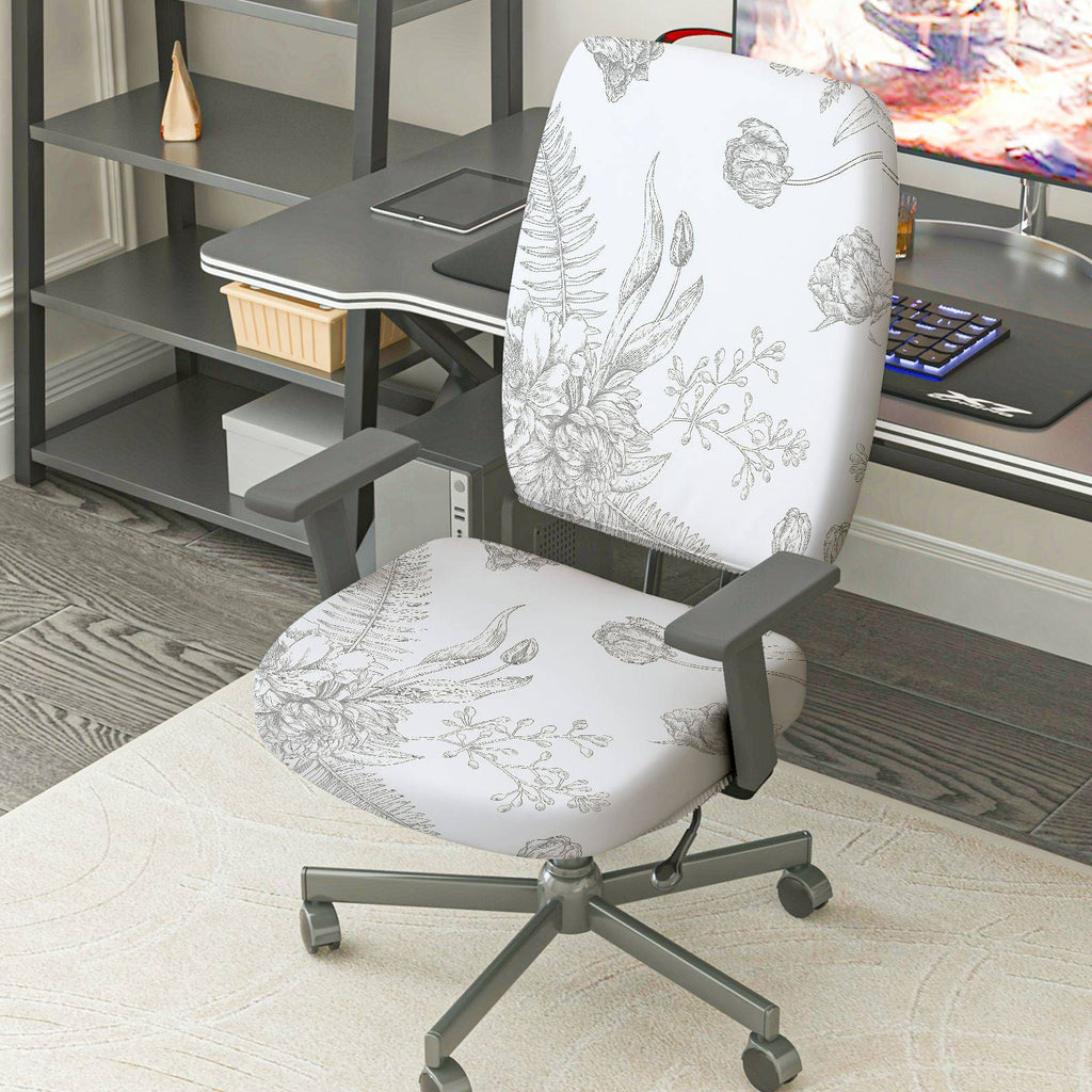2-Piece Floral Pattern Botanical Design Nature Inspired White  Computer Chair Cover Set, Seat and Backrest