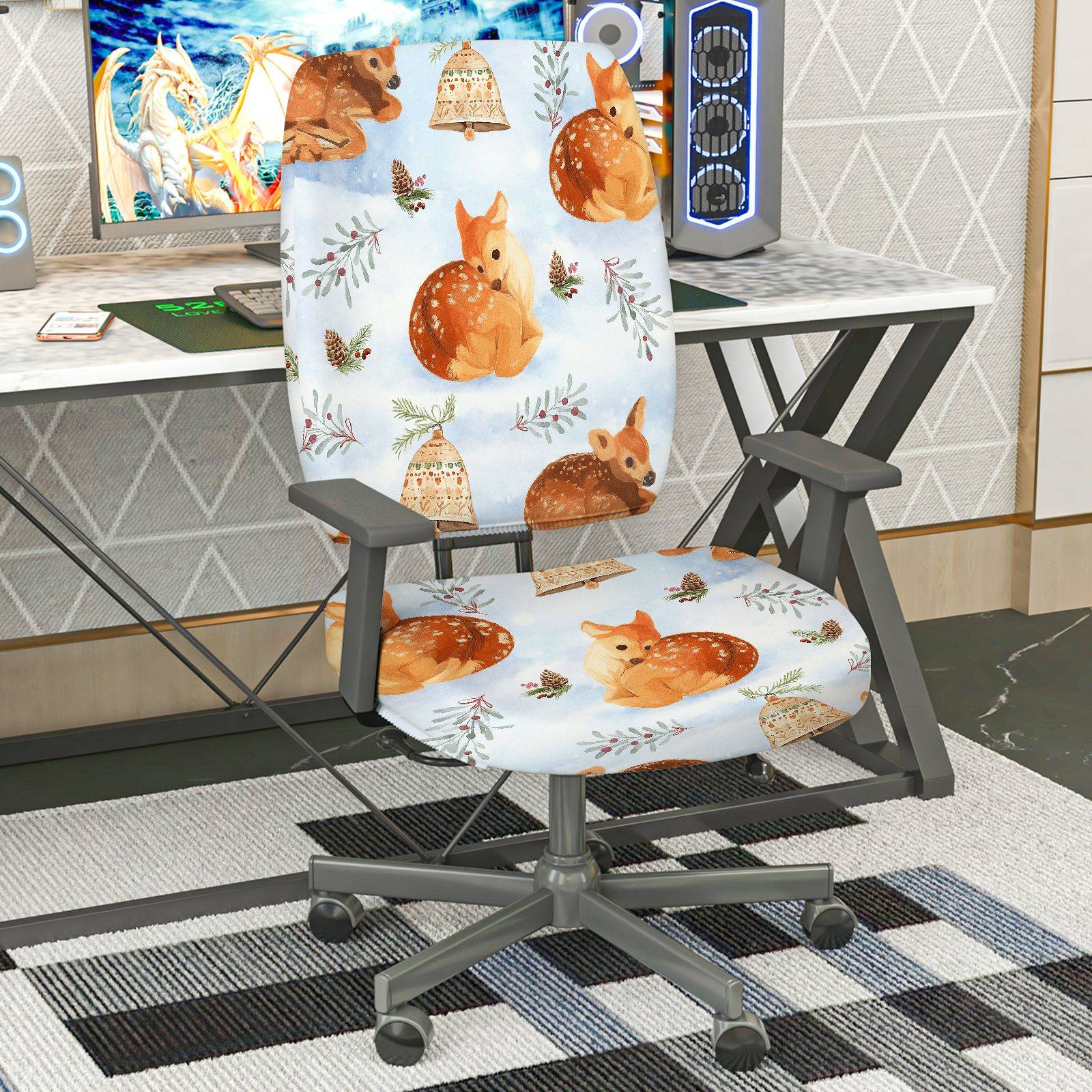 2-Piece Cute Christmas Deer Bell Pine Leaves  Computer Chair Cover Set, Seat and Backrest