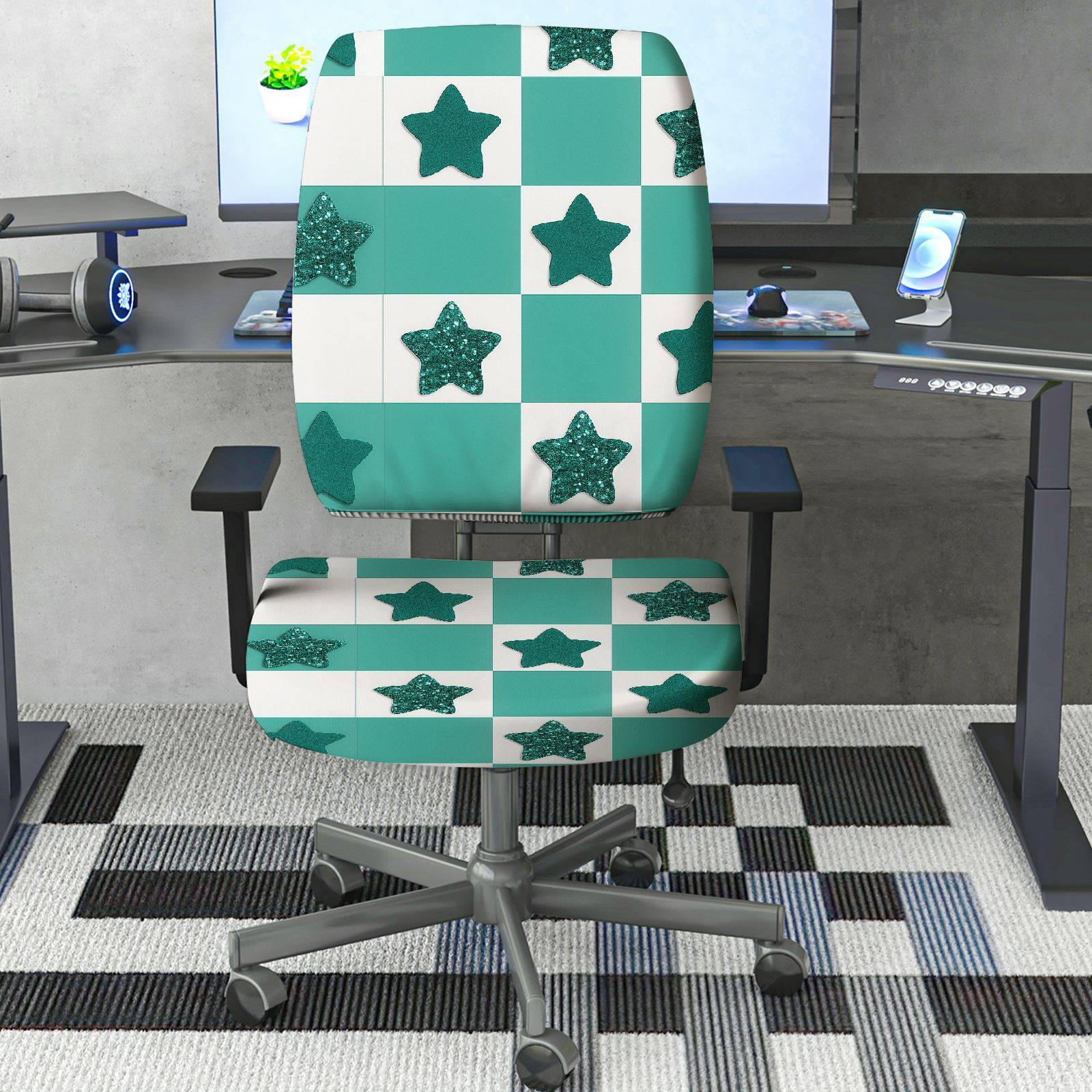 2-Piece Aesthetic Checkered Star Glitter Geometric  Computer Chair Cover Set, Seat and Backrest