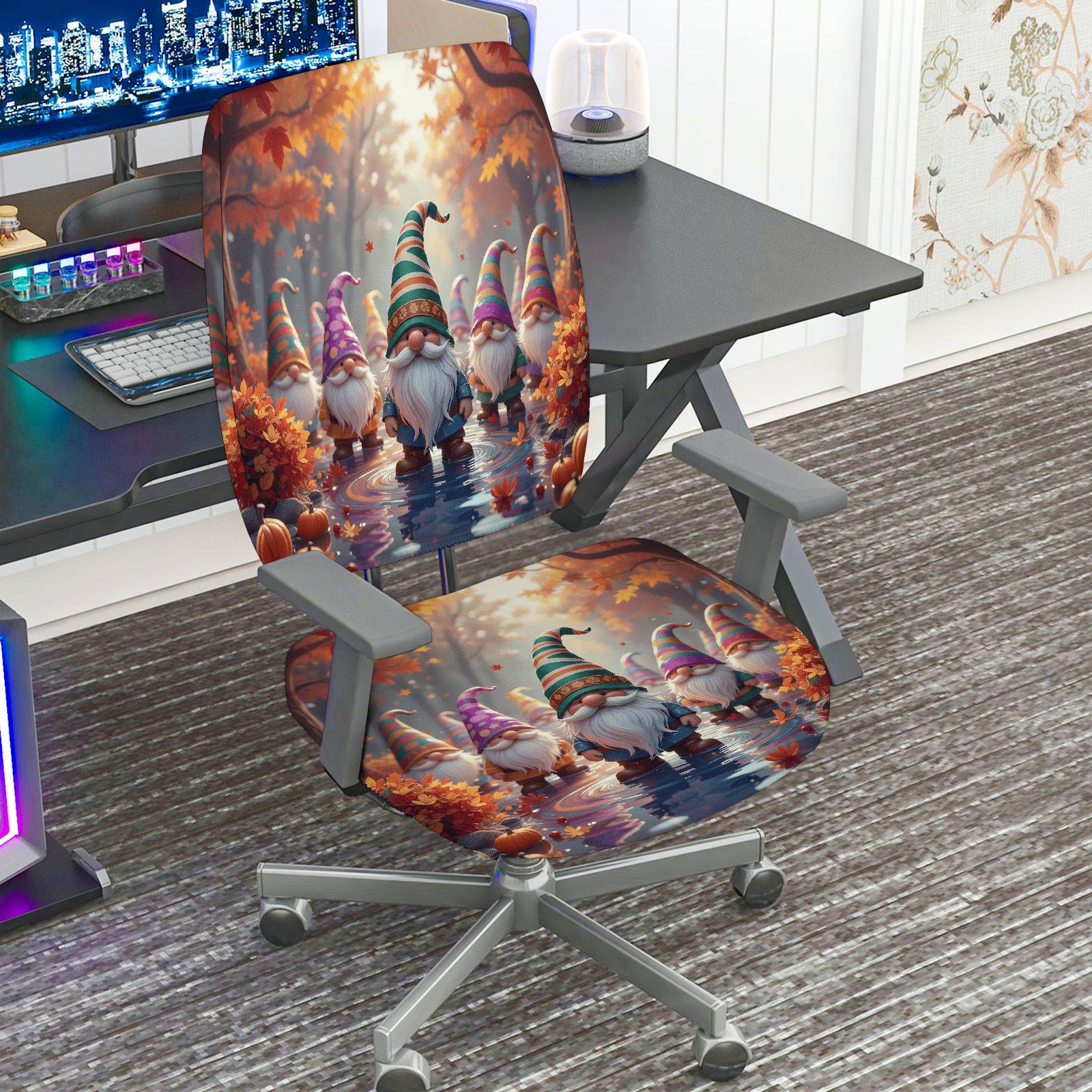 2-Piece Autumn Fairy Gnome Forest Pumpkin Seasonal  Computer Chair Cover Set, Seat and Backrest