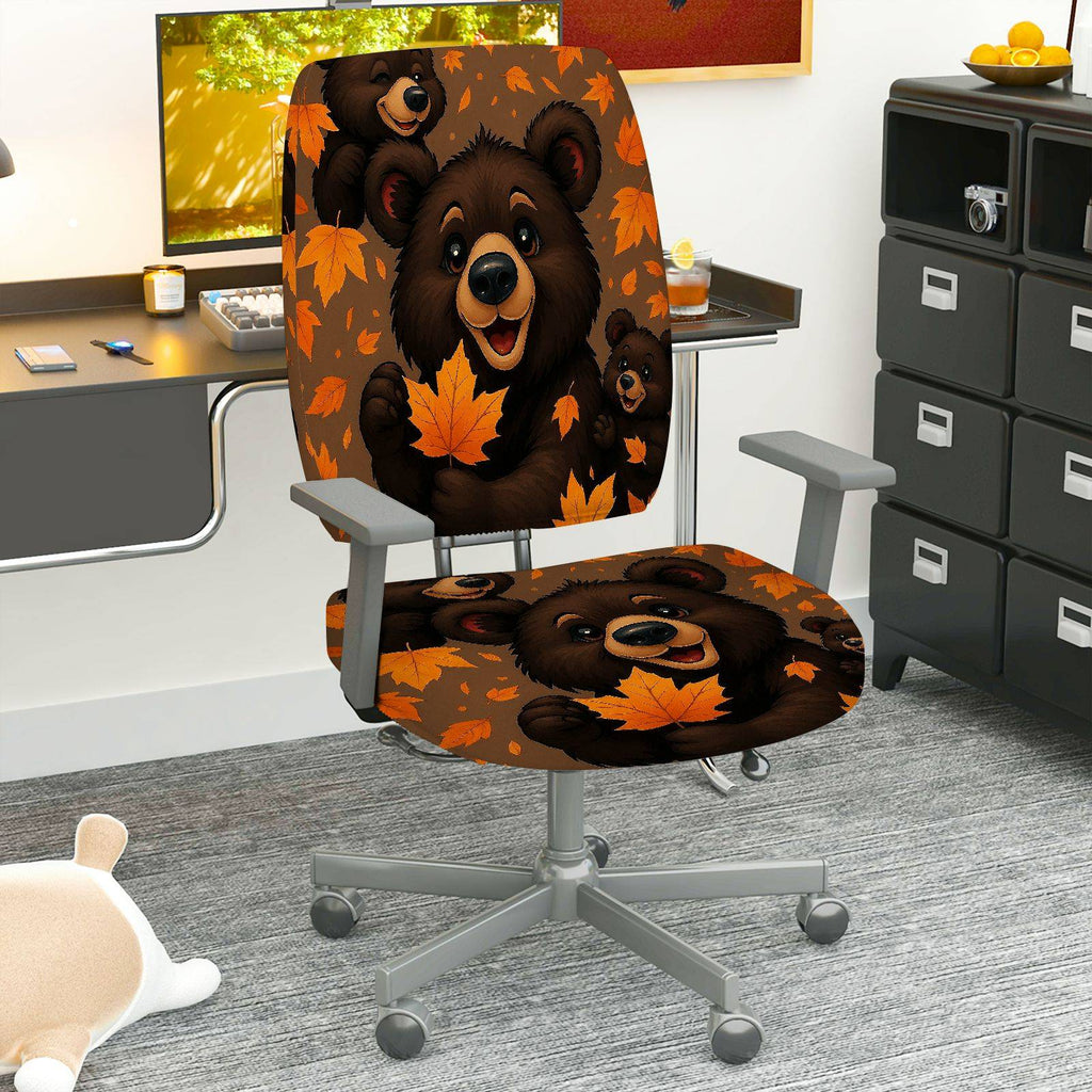 2-Piece Autumn Bear Warm Cozy Fun  Computer Chair Cover Set, Seat and Backrest