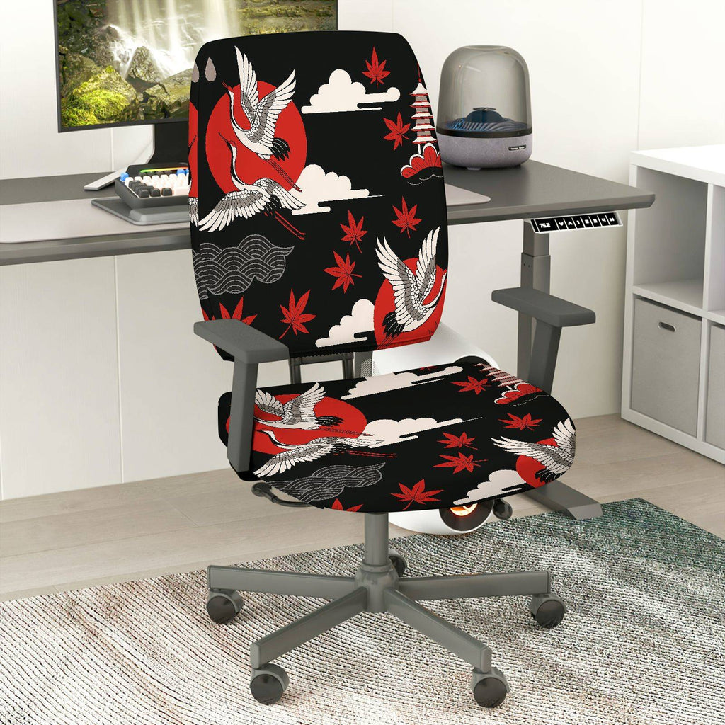 2-Piece Japanese Crane Red Nature Pattern  Computer Chair Cover Set, Seat and Backrest
