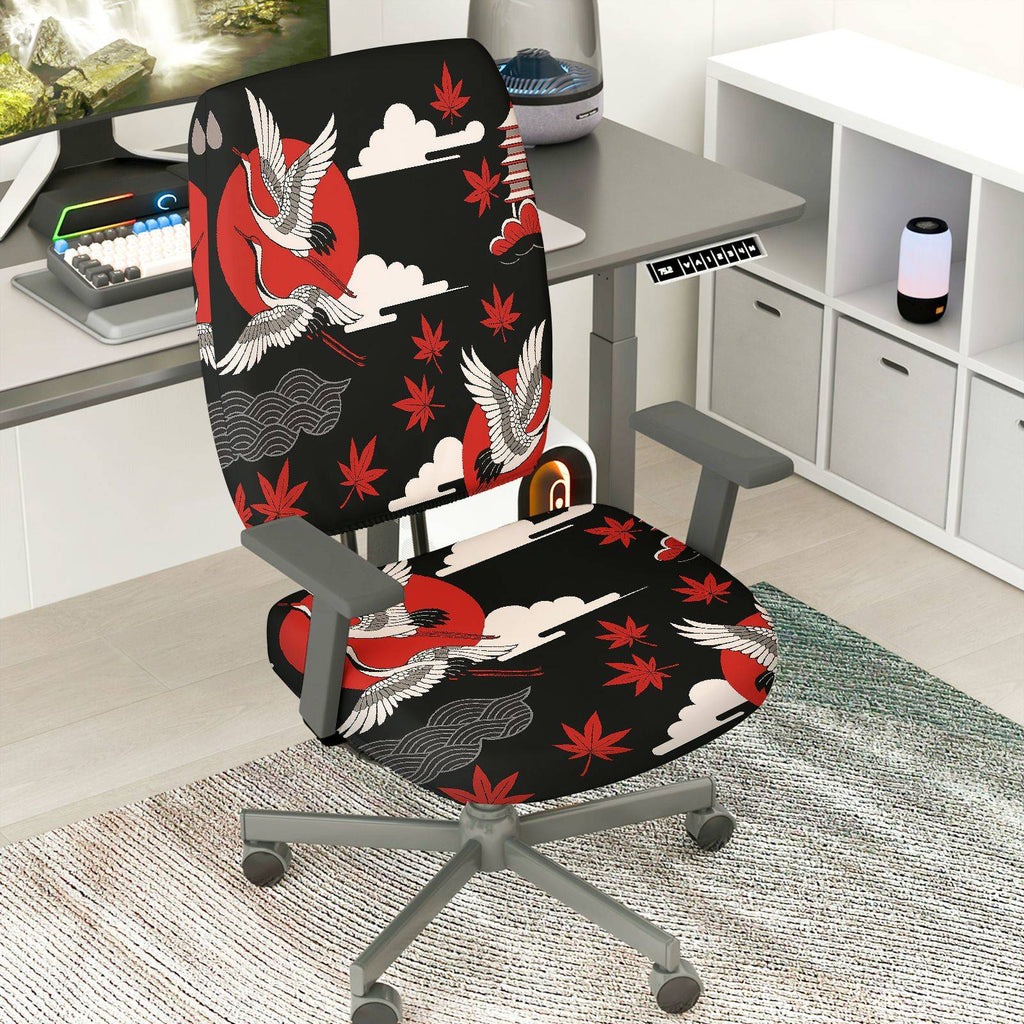 2-Piece Japanese Crane Red Nature Pattern  Computer Chair Cover Set, Seat and Backrest