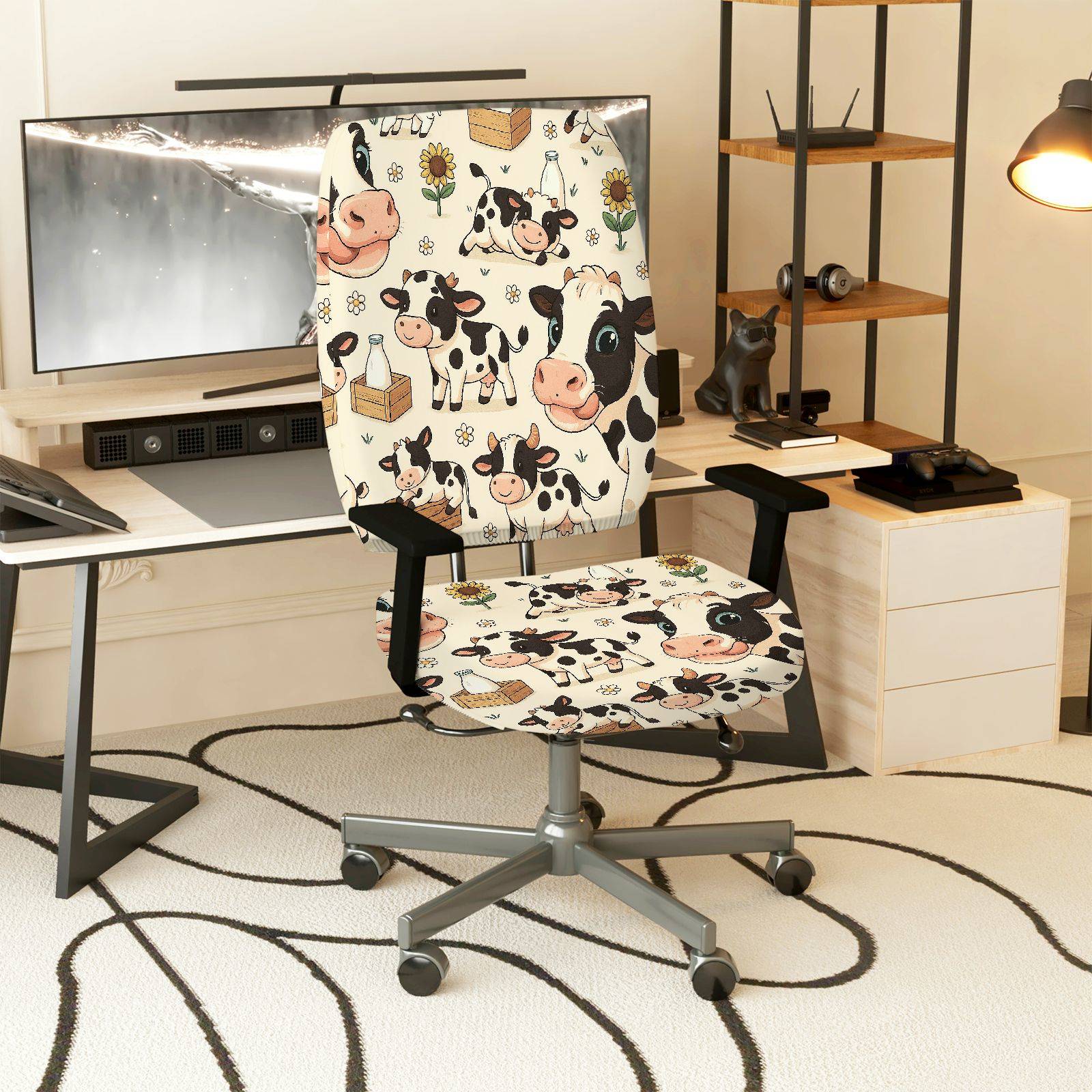 2-Piece Animal Farm Cow Design  Computer Chair Cover Set, Seat and Backrest