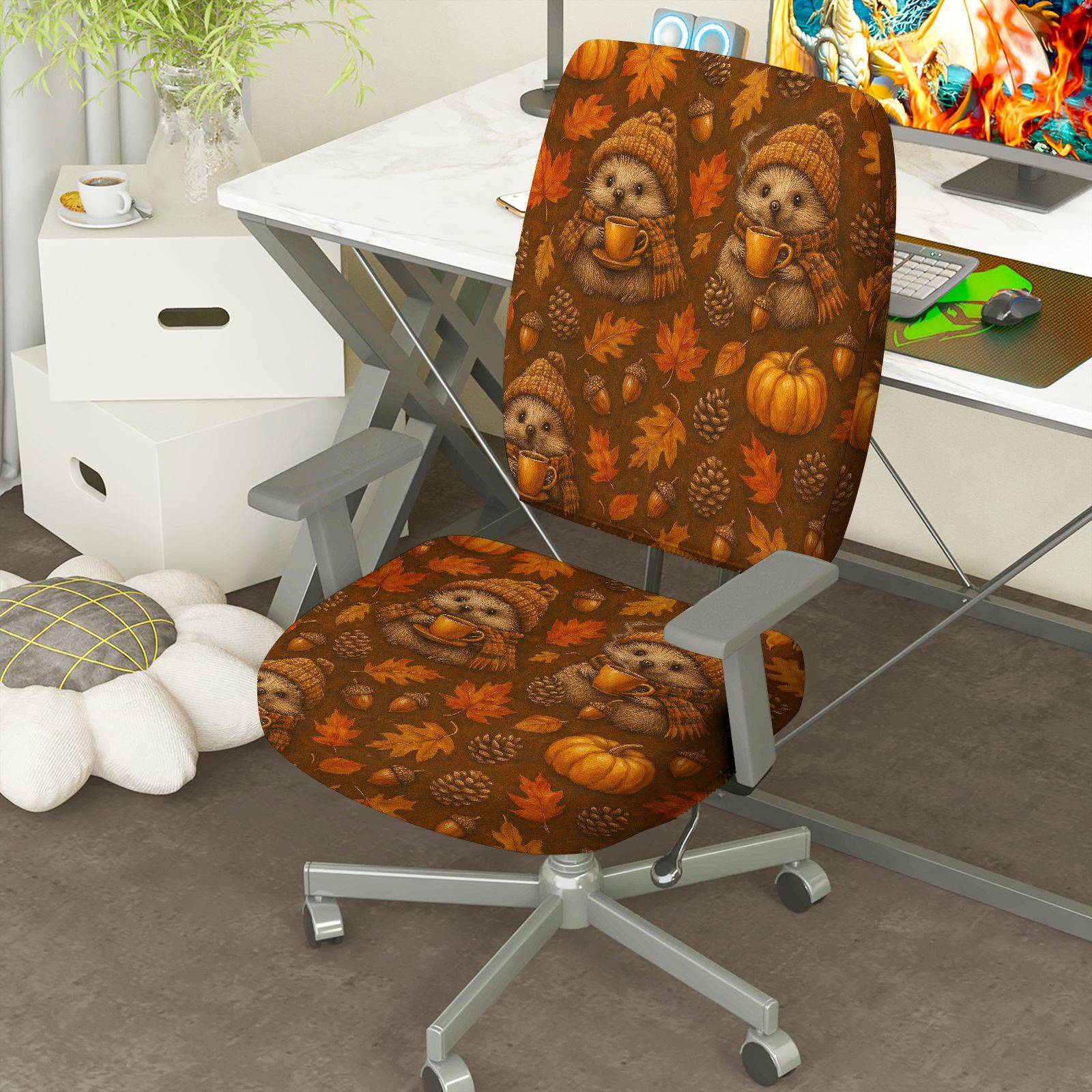 2-Piece Autumn Pumpkin Hedgehog Cute Leaves Acorn  Computer Chair Cover Set, Seat and Backrest