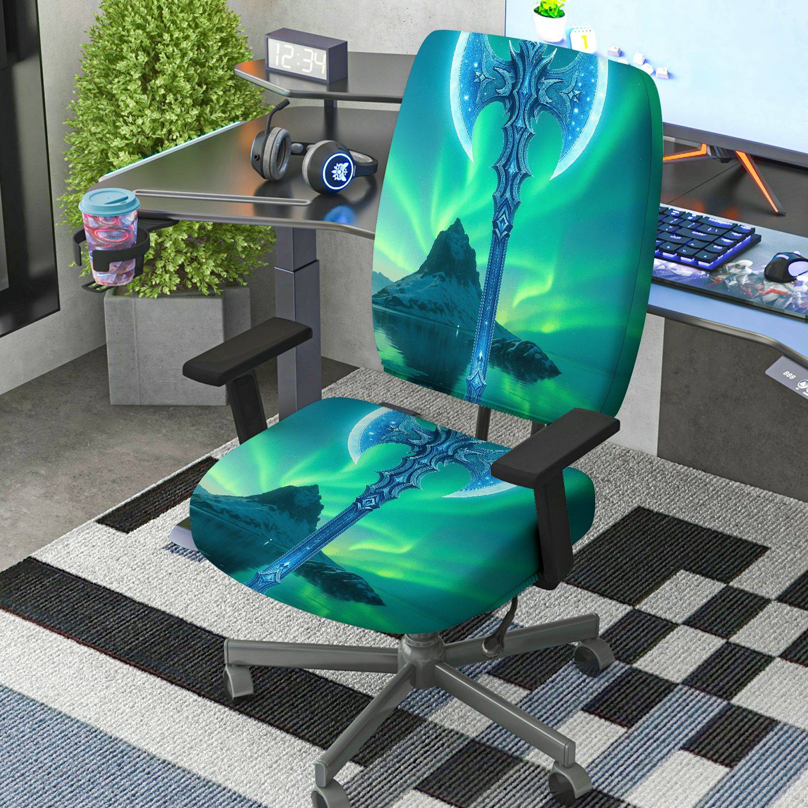 2-Piece Aurora Fantasy Sword Landscape Scenery Cool  Computer Chair Cover Set, Seat and Backrest
