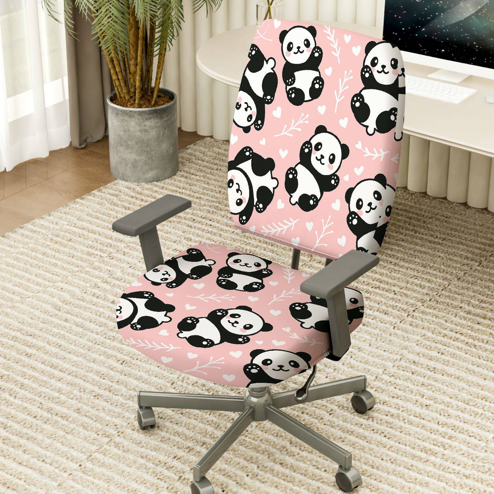 2-Piece Panda Cute Pink Animal Leaf  Computer Chair Cover Set, Seat and Backrest