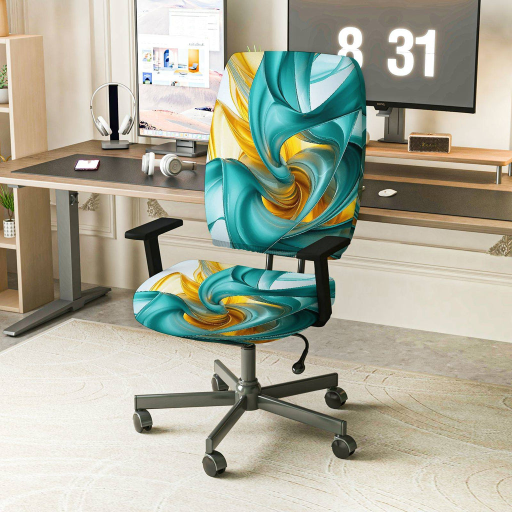 2-Piece Abstract Turquoise Golden Swirl Artistic Vibrant  Computer Chair Cover Set, Seat and Backrest
