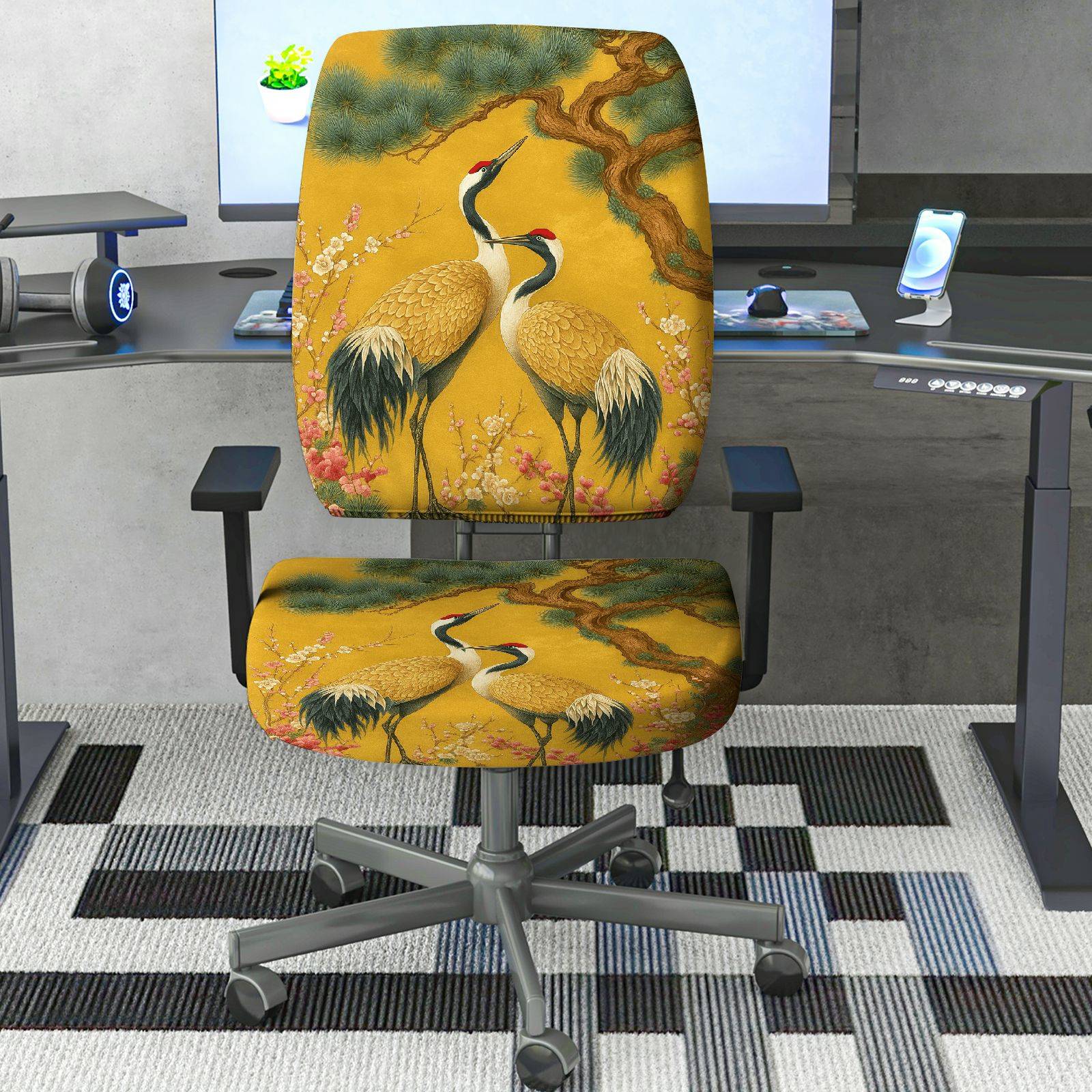 2-Piece Asian Crane Floral Tree Nature Art  Computer Chair Cover Set, Seat and Backrest