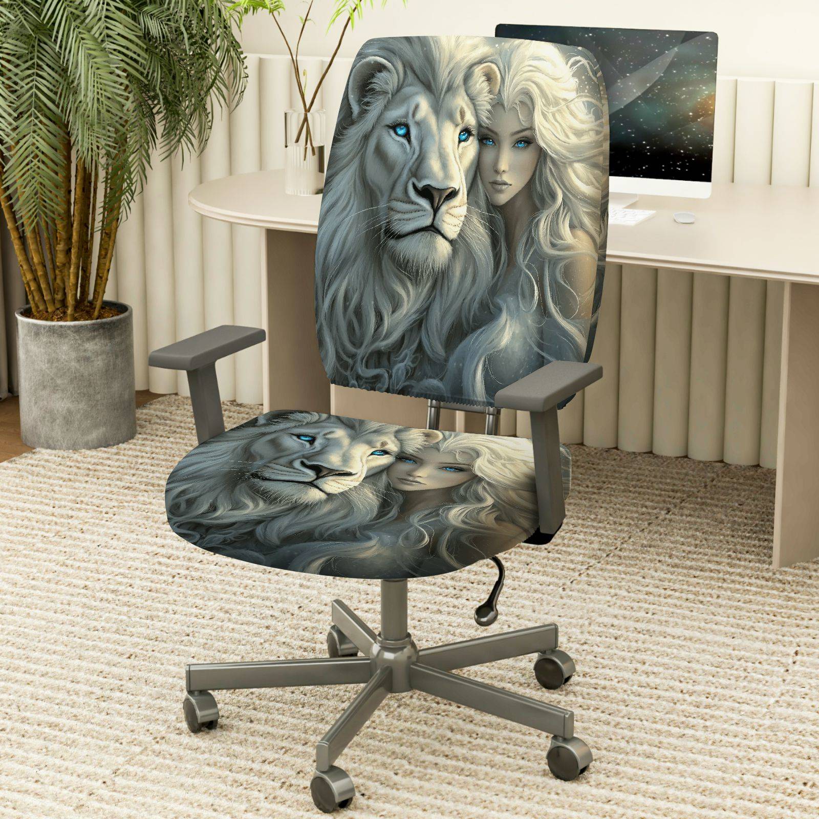 2-Piece Lion Animal Art  Computer Chair Cover Set, Seat and Backrest