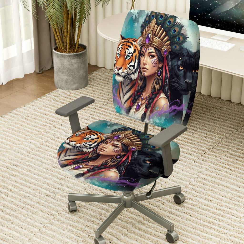 2-Piece Animal Art Tribal Peacock Panther Tiger  Computer Chair Cover Set, Seat and Backrest