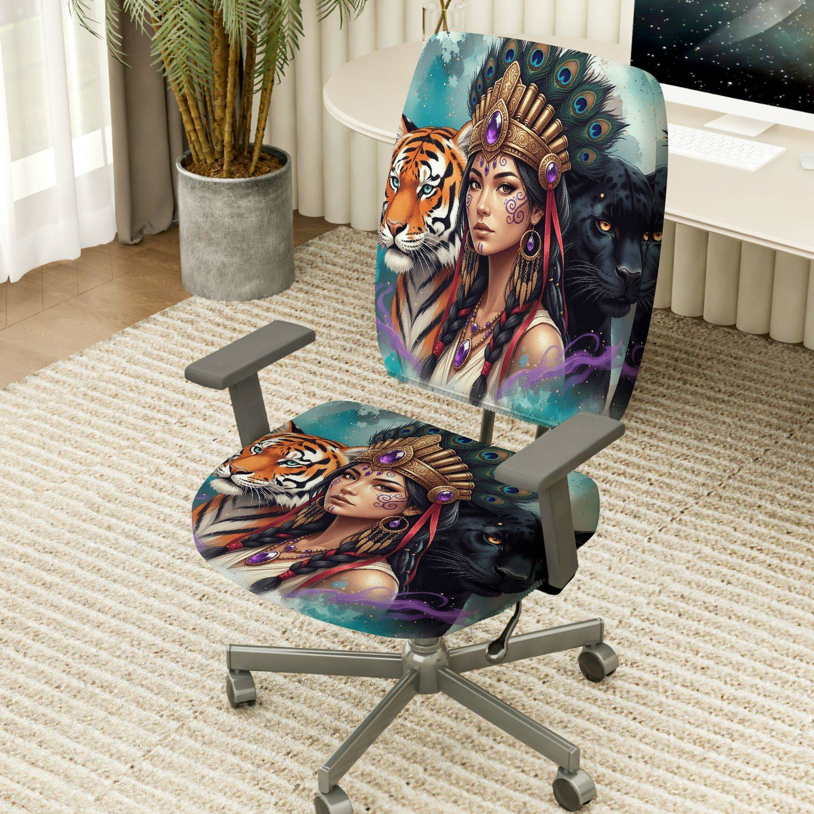 2-Piece Animal Art Tribal Peacock Panther Tiger  Computer Chair Cover Set, Seat and Backrest