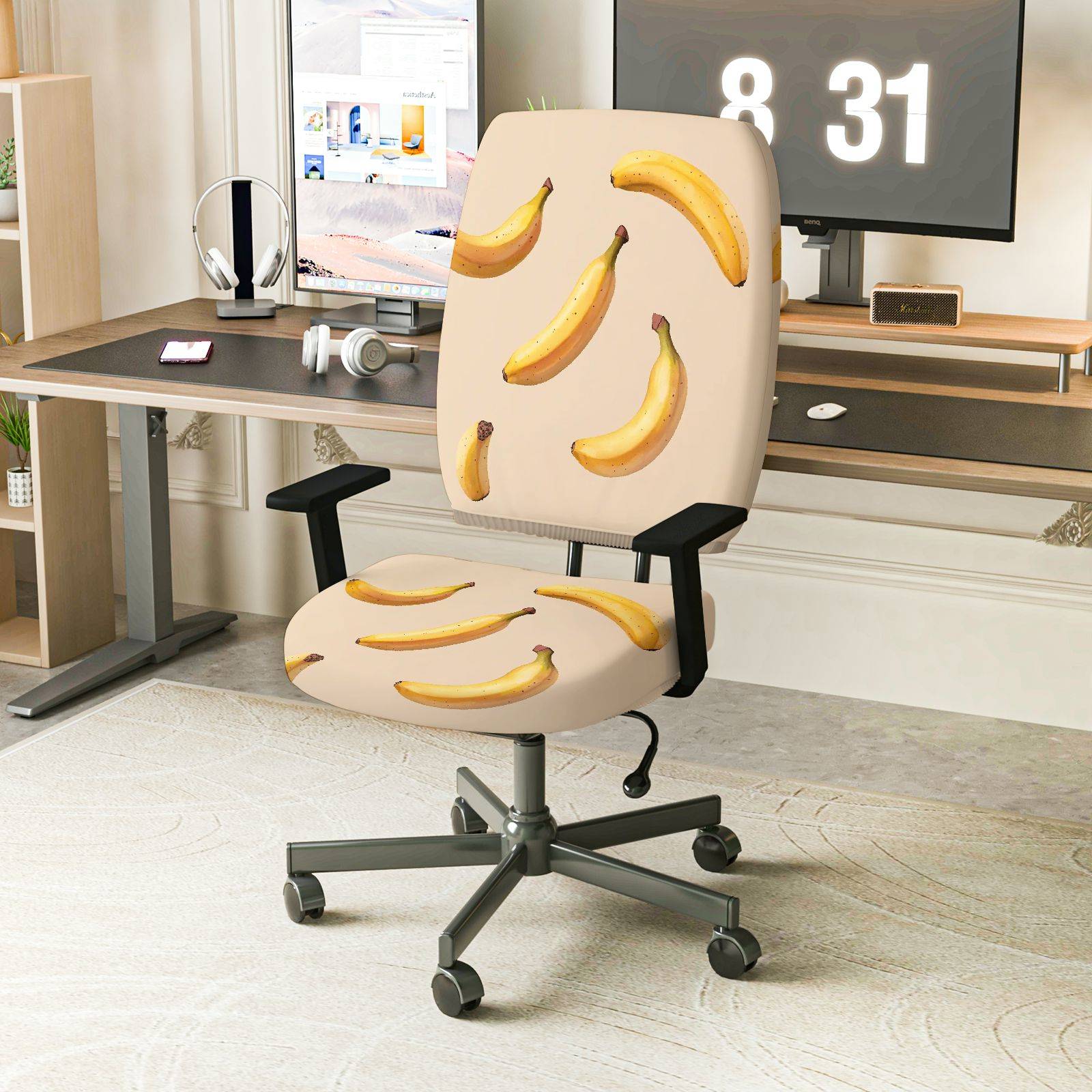 2-Piece Banana Fruit Pattern Stylish Fun Quirky  Computer Chair Cover Set, Seat and Backrest