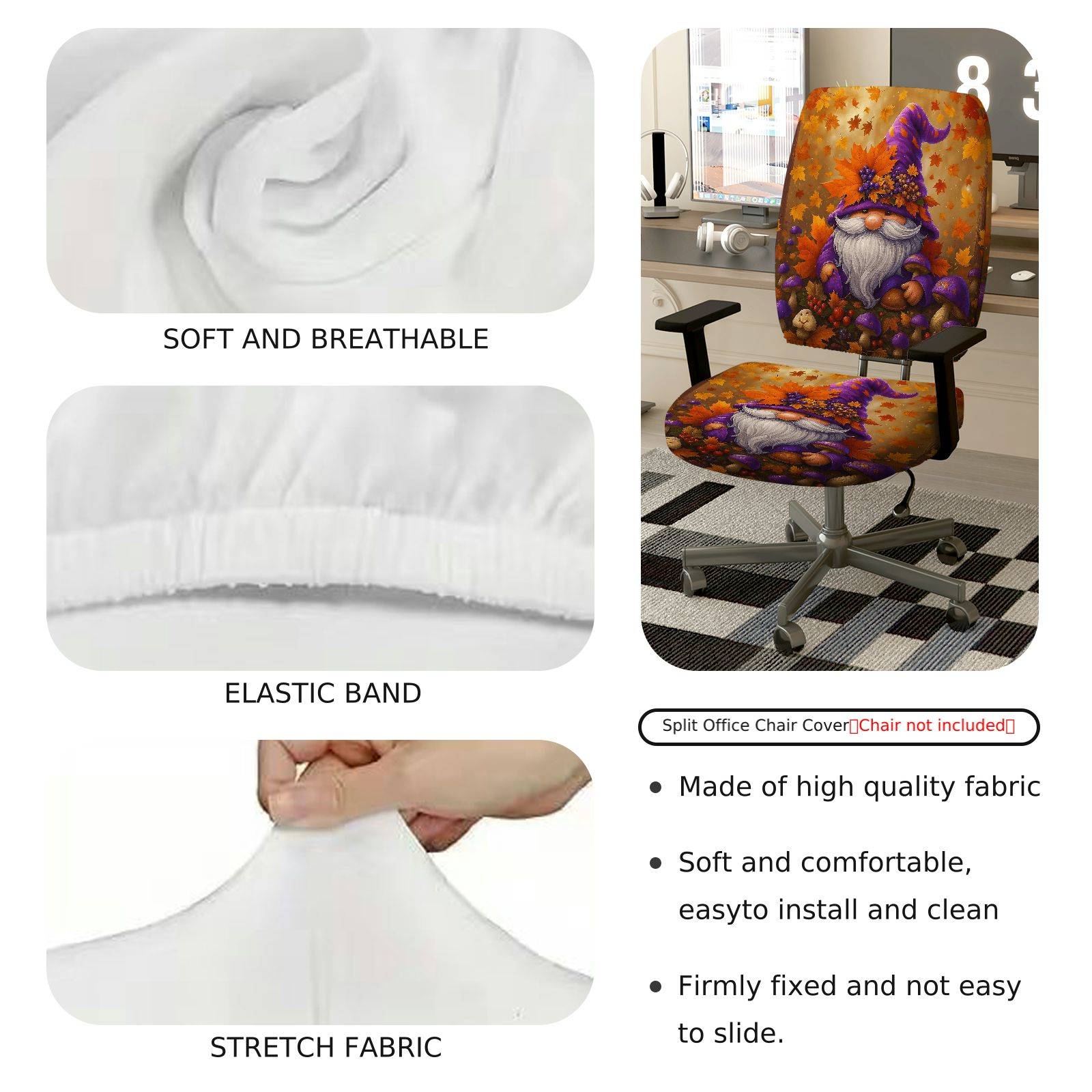 2-Piece Autumn Gnome Mushroom Leaves Halloween  Computer Chair Cover Set, Seat and Backrest