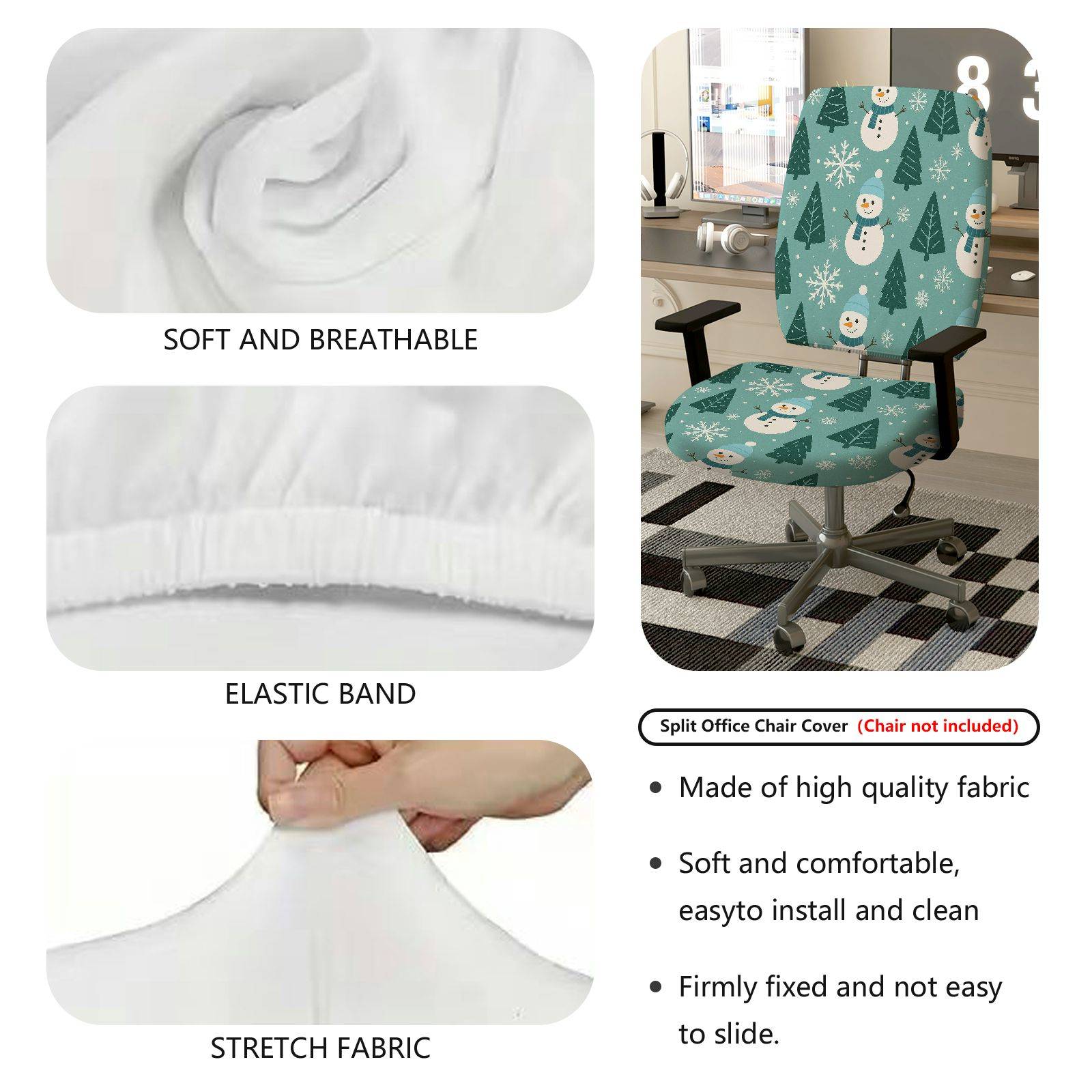 2-Piece Christmas Snowman Pine Tree Snowflake Holiday Winter  Computer Chair Cover Set, Seat and Backrest