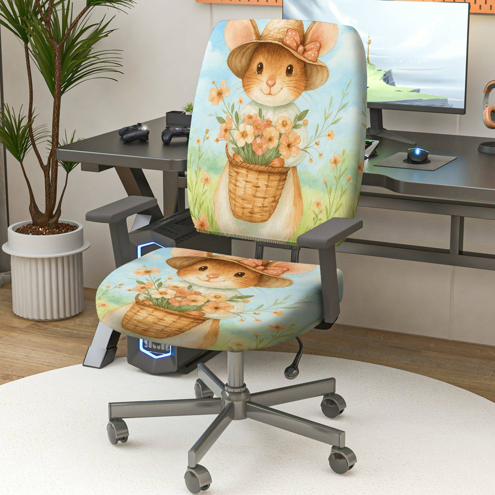 2-Piece Cute Floral Rabbit Pastoral Animal  Computer Chair Cover Set, Seat and Backrest