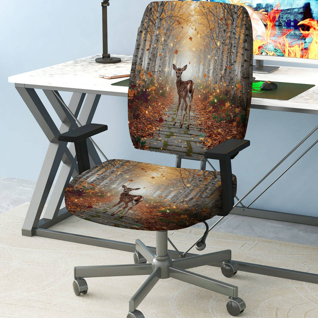 2-Piece Autumn Deer Forest Path Leaves Nature  Computer Chair Cover Set, Seat and Backrest
